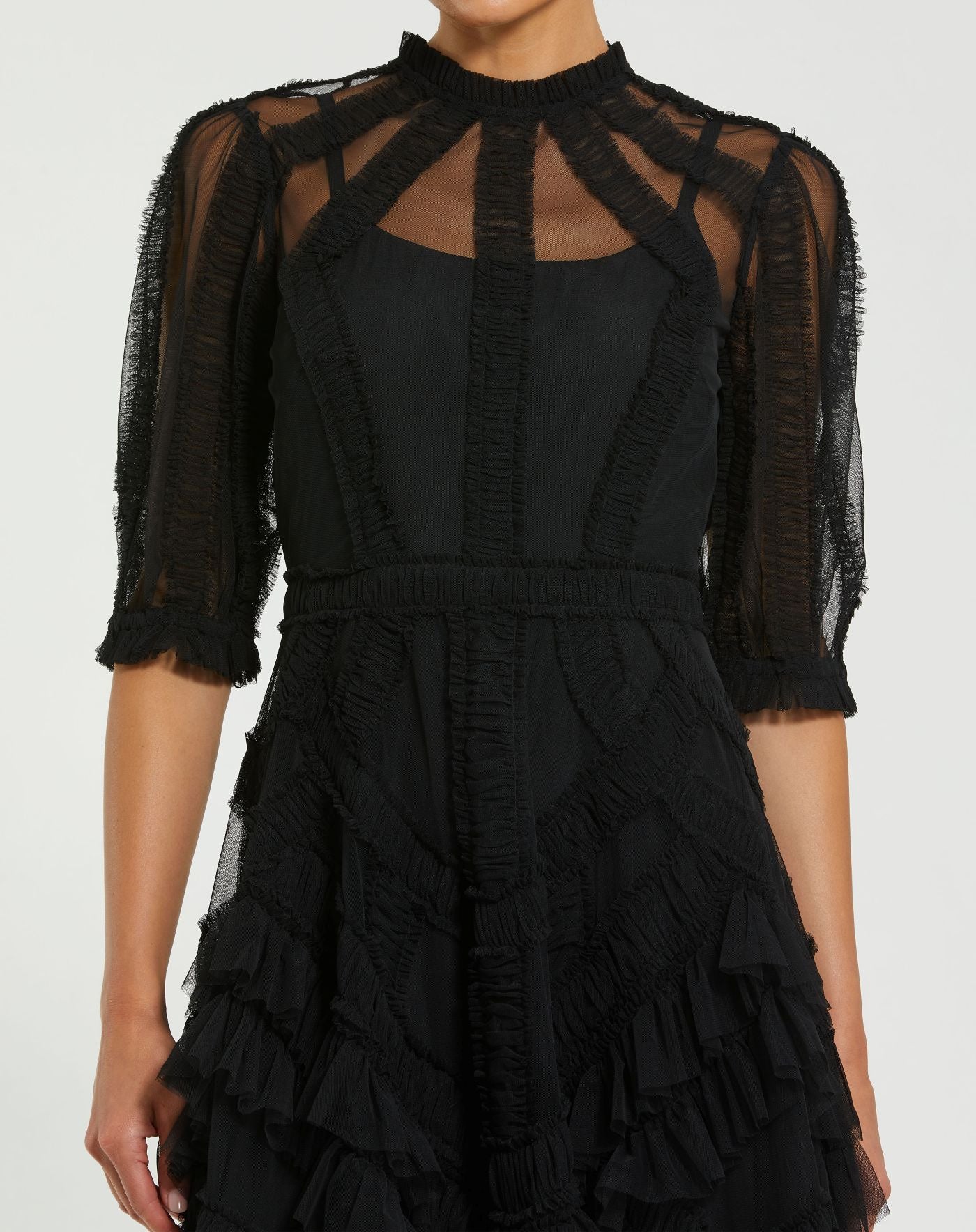 Petite Black High Neck Ruffle Tiered A-Line Midi Dress - Mac Duggal