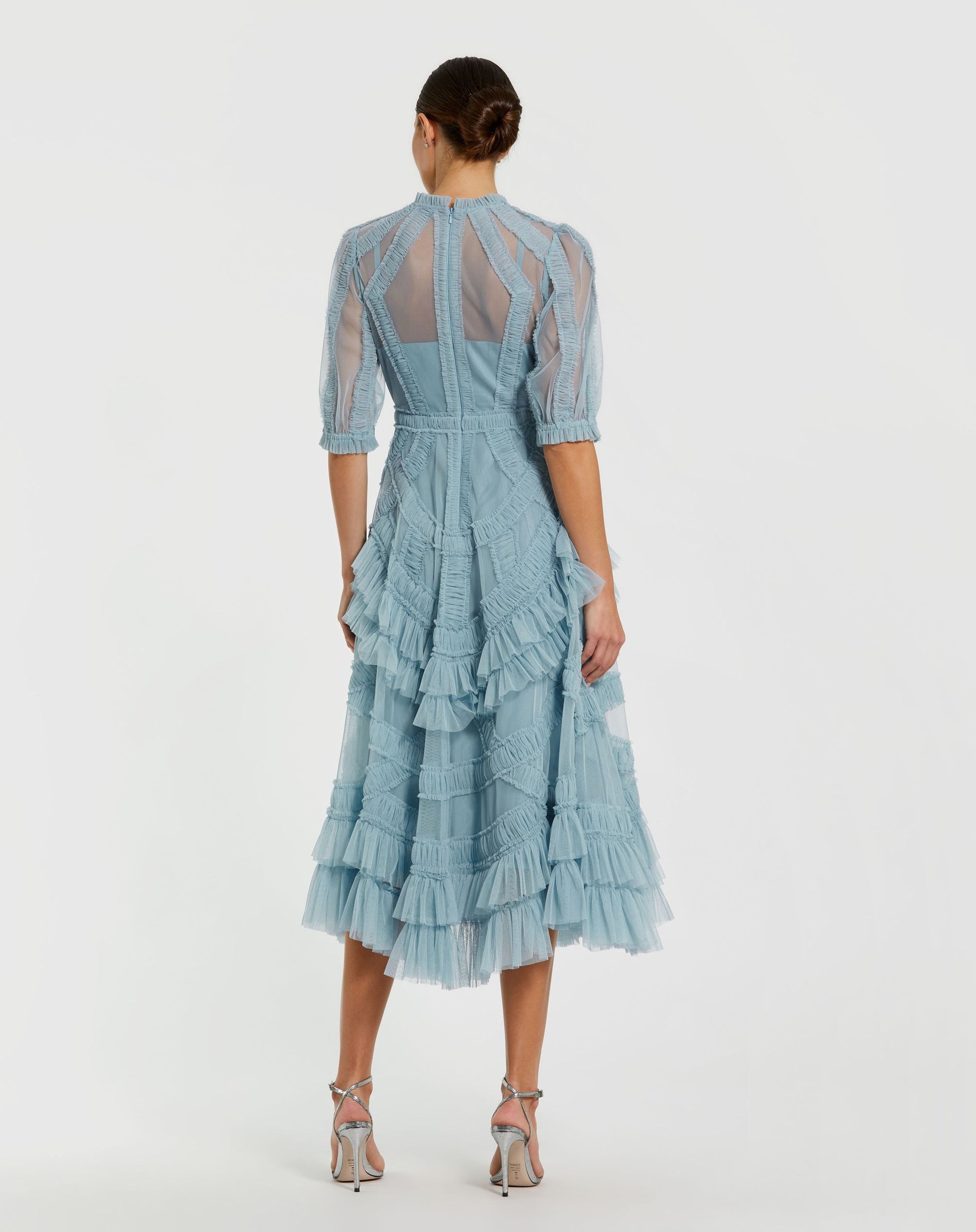 Petite Blue High Neck Ruffle Tiered A-Line Midi Dress - Mac Duggal