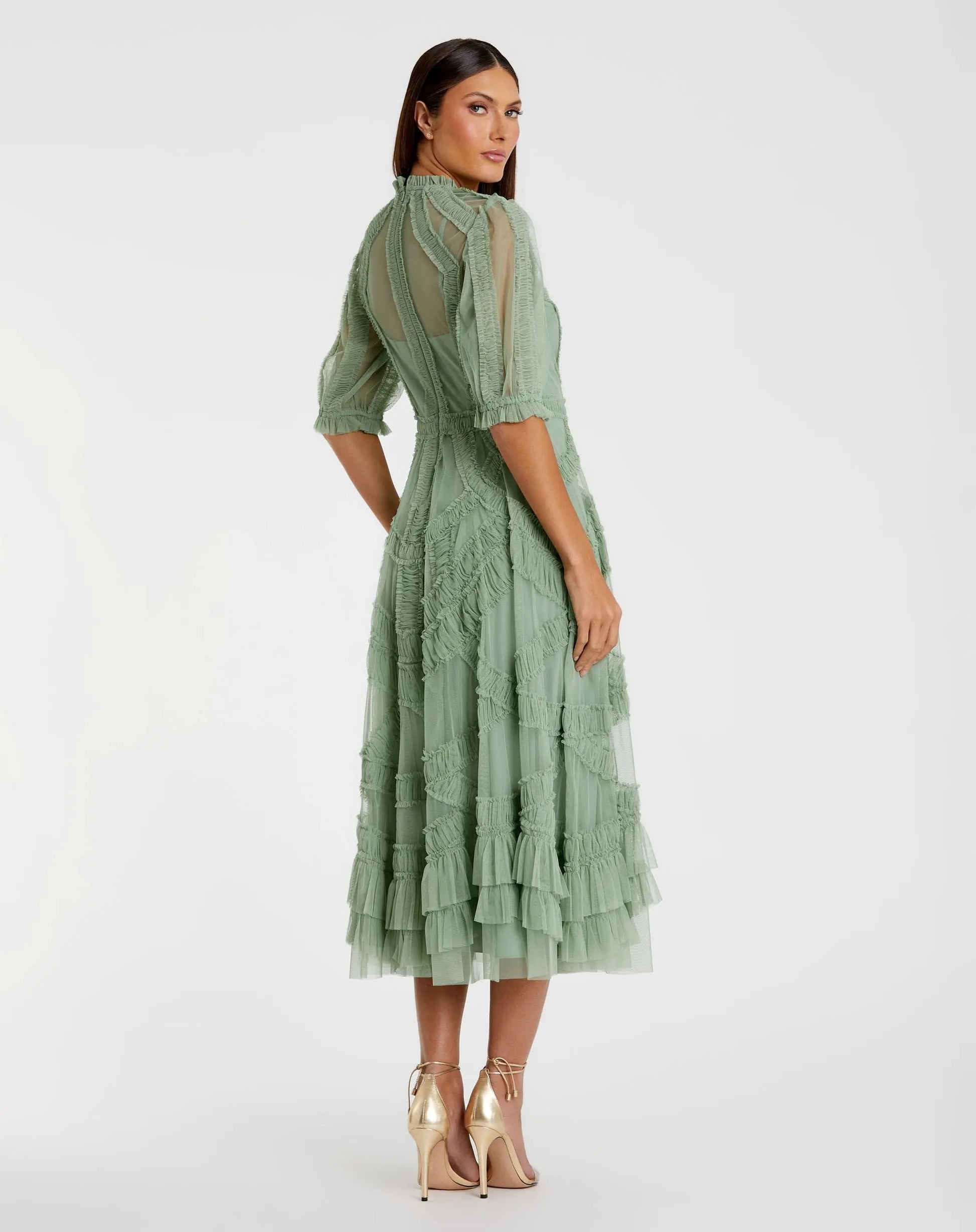 Petite Green High Neck Ruffle Tiered A-Line Midi Dress | Mac Duggal Petite Green High Neck Ruffle Tiered A-Line Midi Dress | Mac Duggal