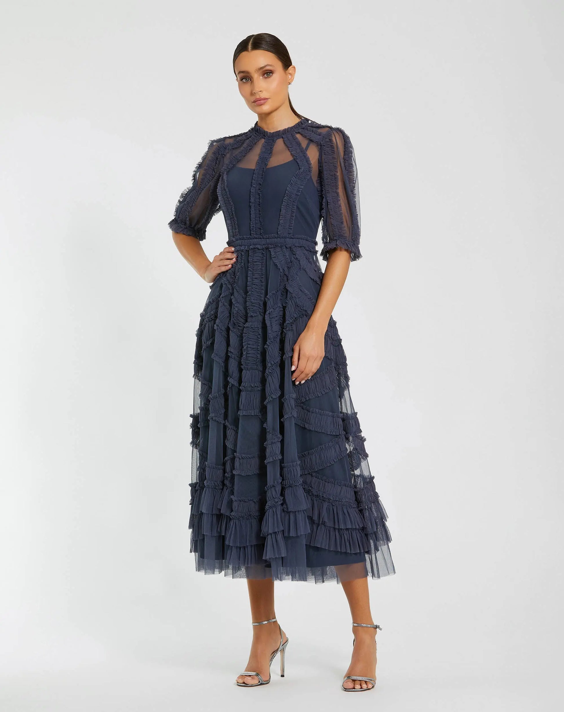 Petite Navy High Neck Ruffle Tiered A-Line Midi Dress - Mac Duggal