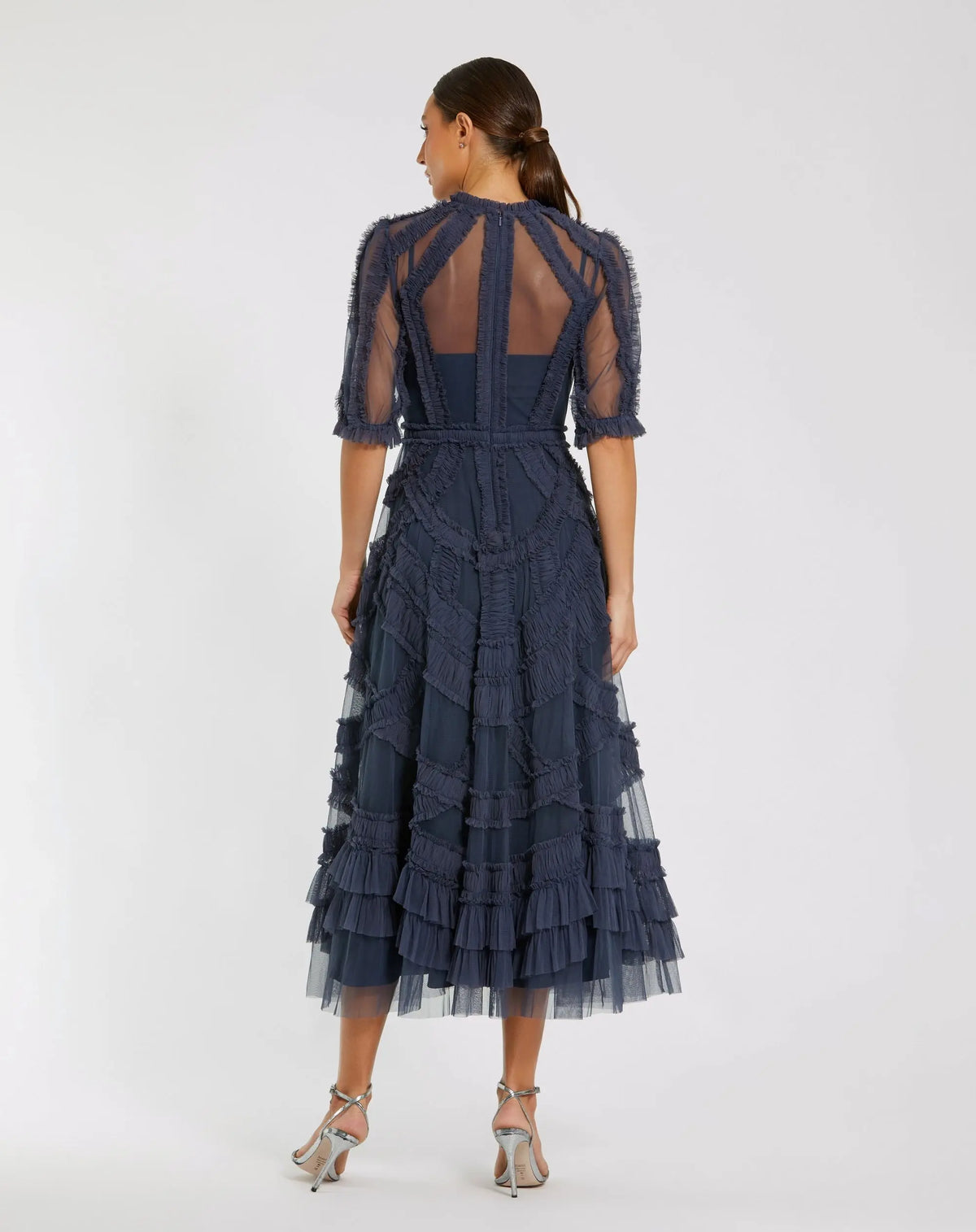 Petite Navy High Neck Ruffle Tiered A-Line Midi Dress | Mac Duggal