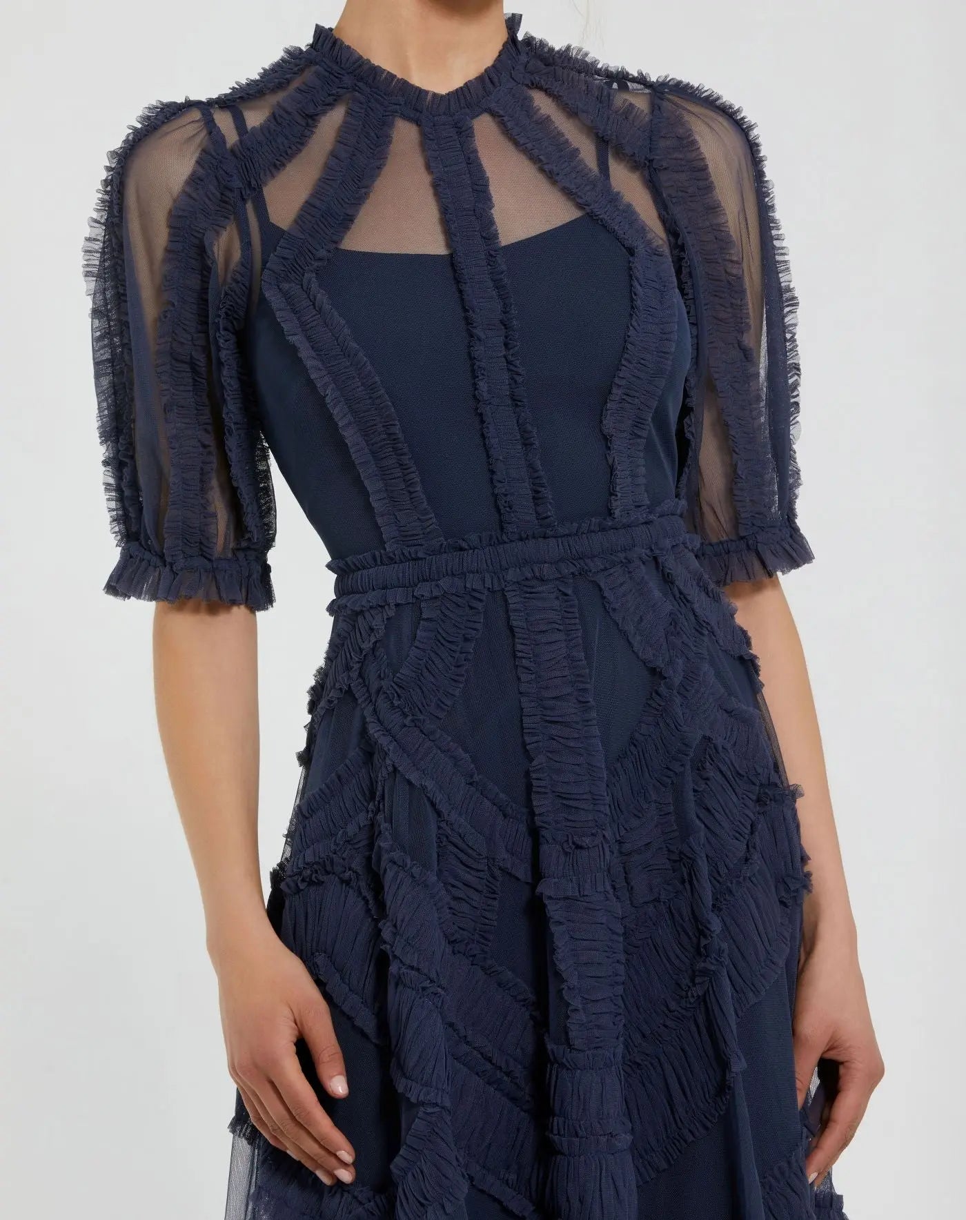 Petite Navy High Neck Ruffle Tiered A-Line Midi Dress | Mac Duggal Petite Navy High Neck Ruffle Tiered A-Line Midi Dress | Mac Duggal