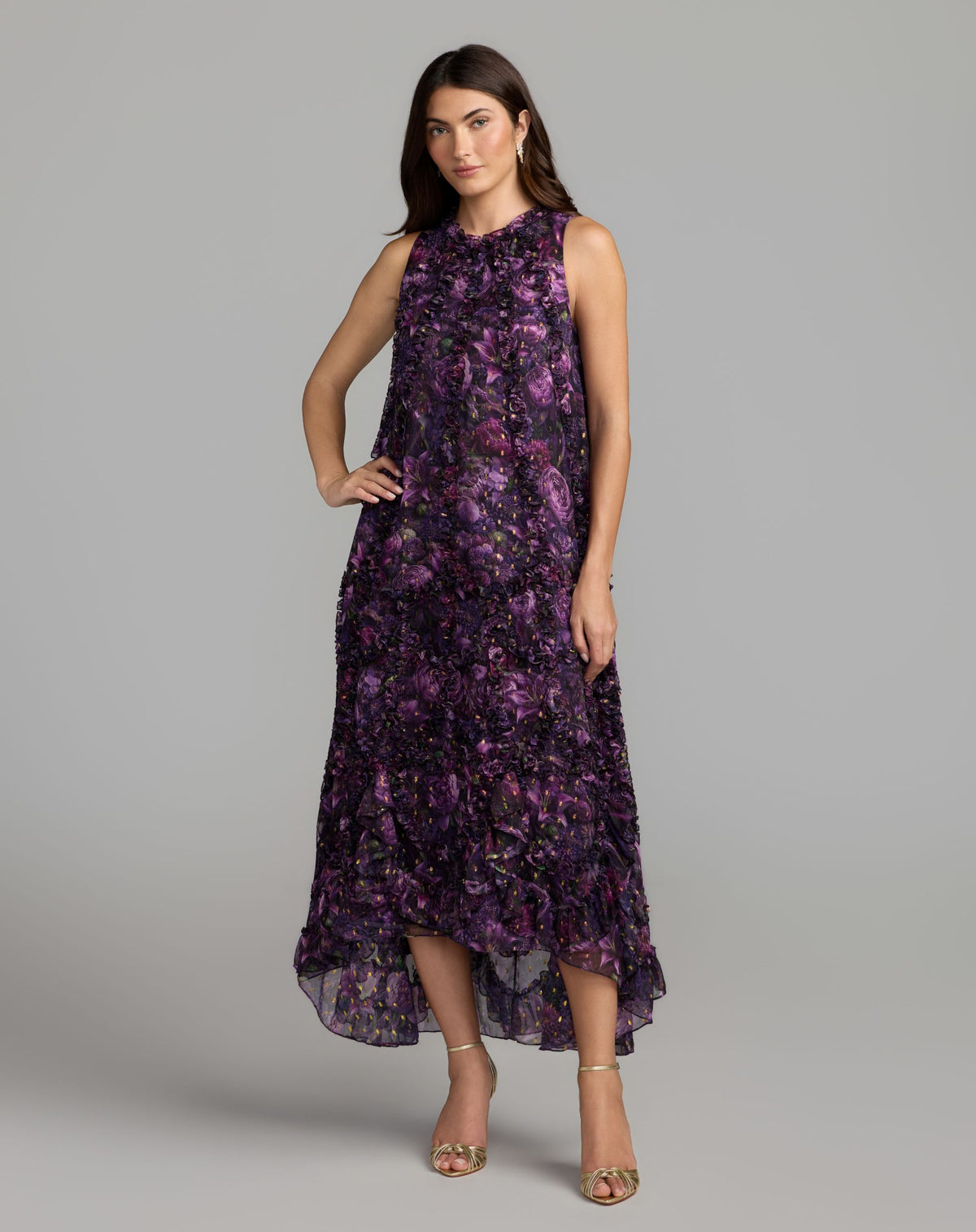 Petite Purple Sleeveless Floral Micro Ruffle Trapeze Midi Dress - Mac Duggal