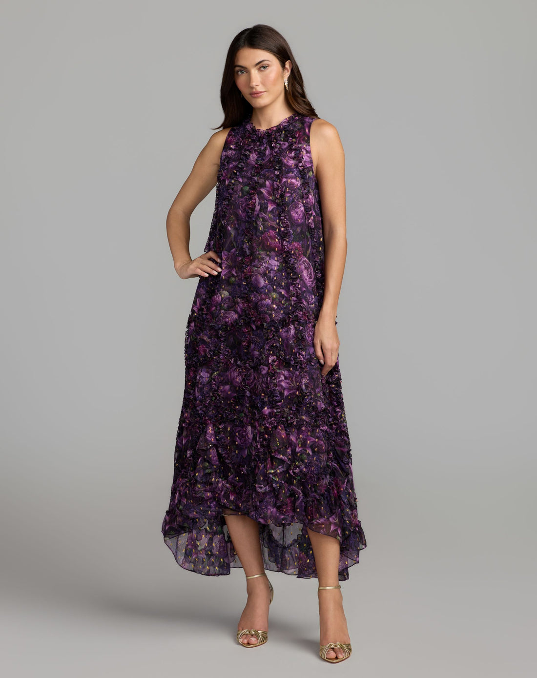 Petite Purple Sleeveless Floral Micro Ruffle Trapeze Midi Dress - Mac Duggal