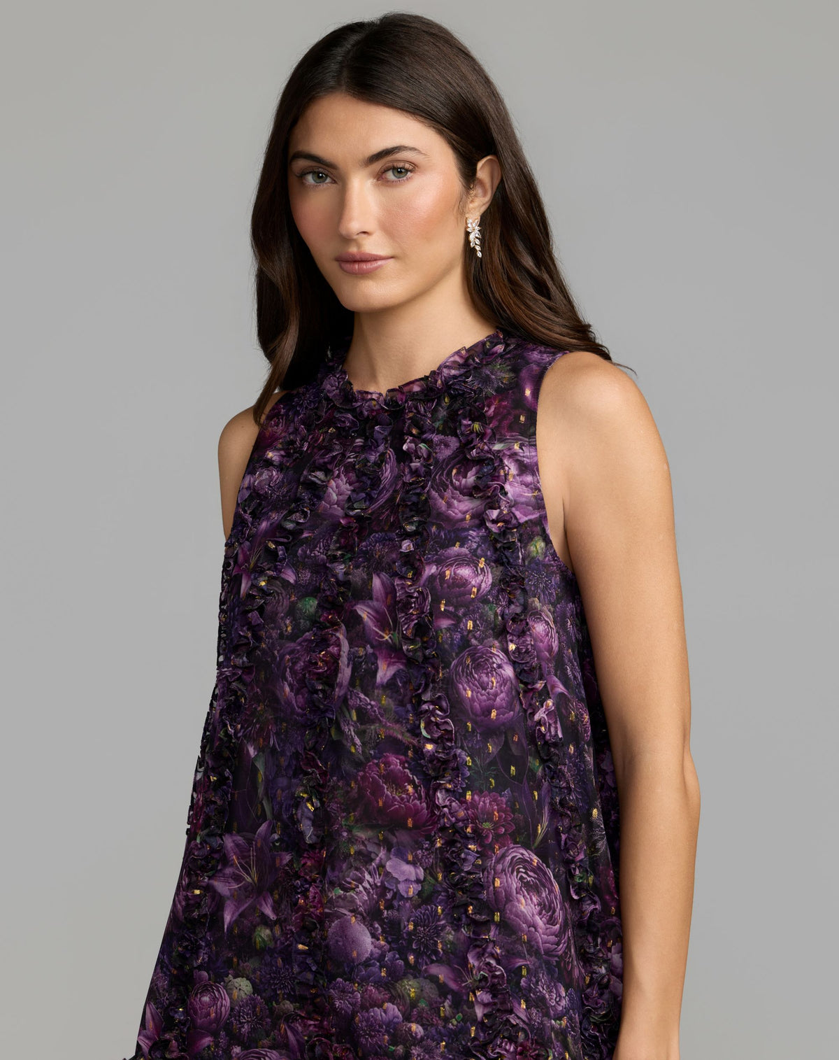 Petite Purple Sleeveless Floral Micro Ruffle Trapeze Midi Dress - Mac Duggal