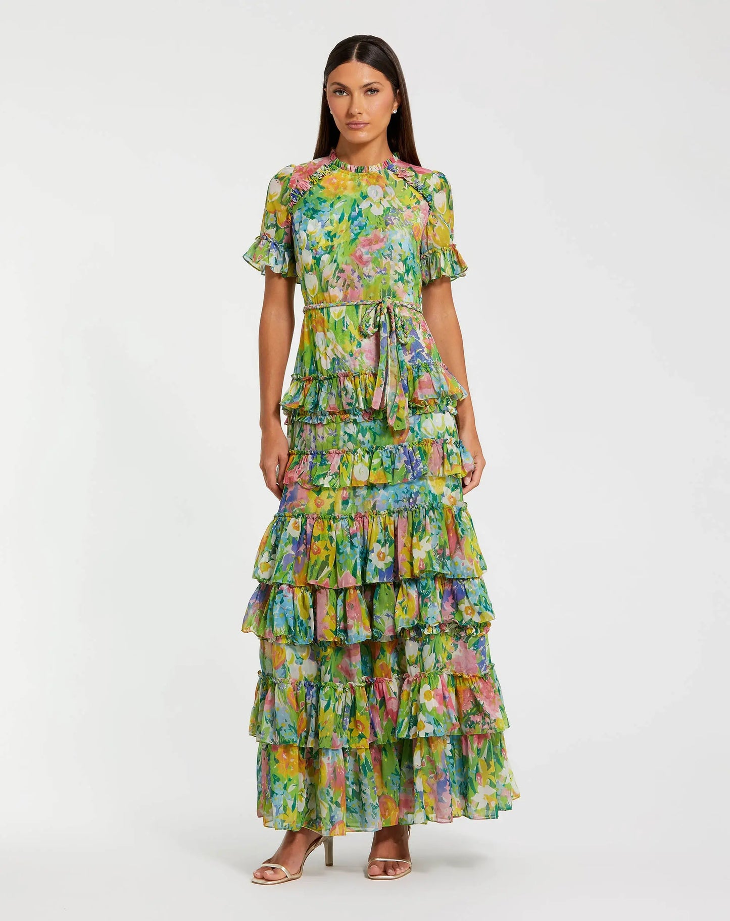 Petite Green Ruffle Tiered Chiffon Floral Dress Ieena for Mac Duggal