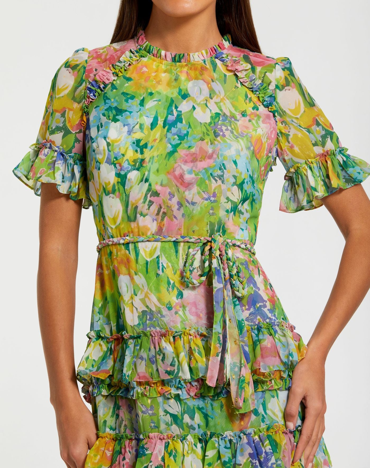 Petite Green Ruffle Tiered Chiffon Floral Dress