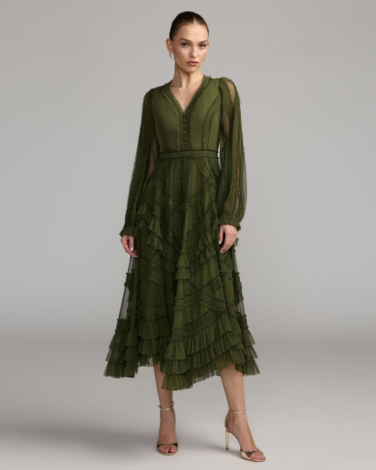 Petite Green Long Sleeve V-Neck Micro Ruffle Midi Dress Mac Duggal