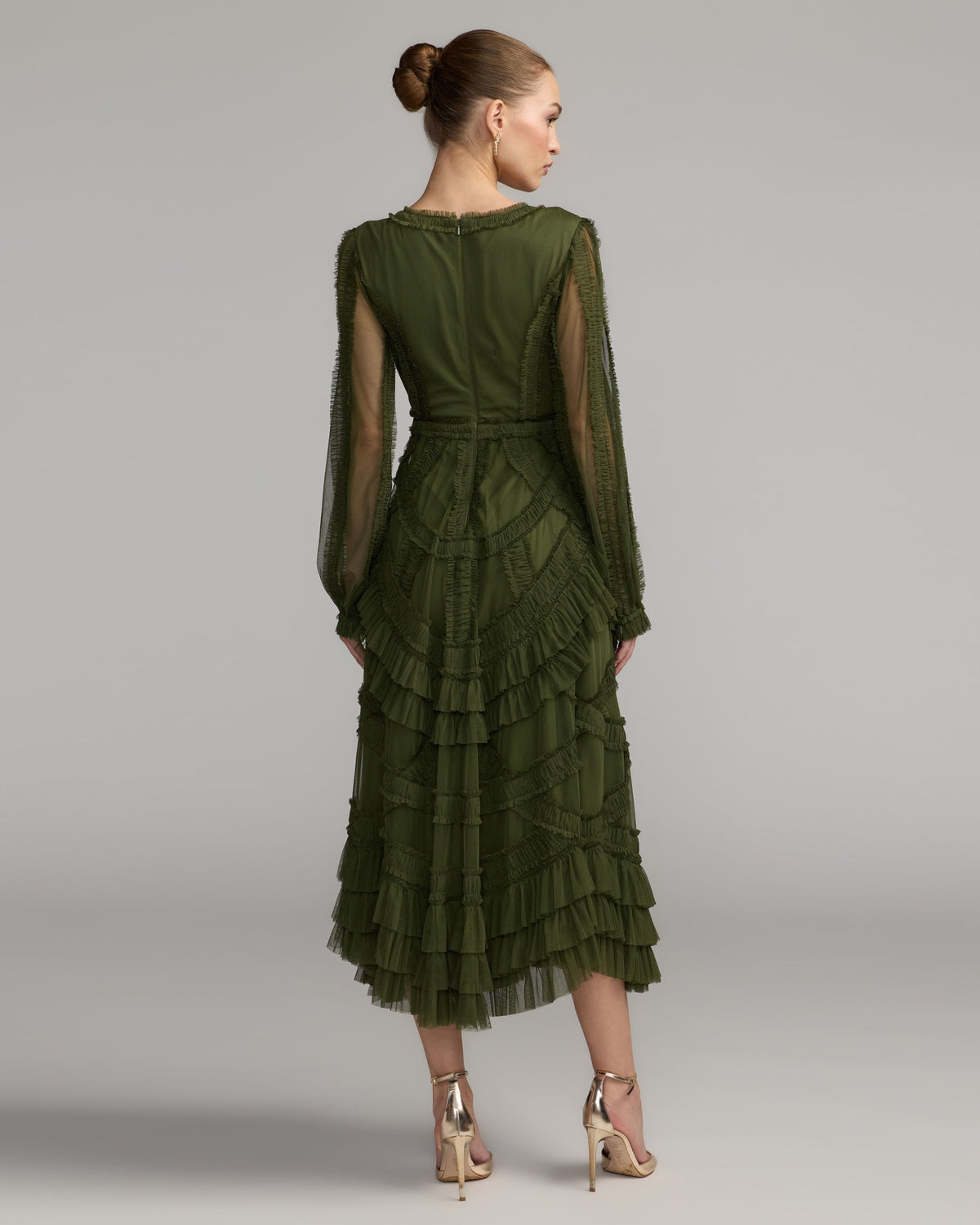 Petite Green Long Sleeve V-Neck Micro Ruffle Midi Dress Mac Duggal