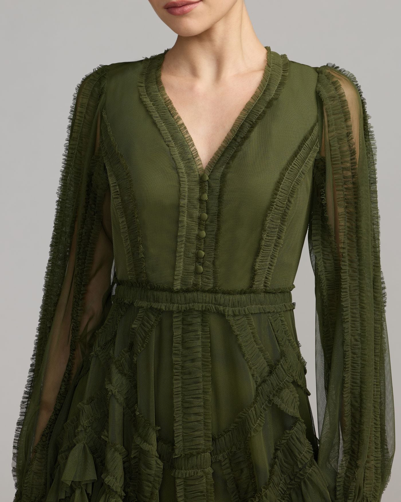 Petite Green Long Sleeve V-Neck Micro Ruffle Midi Dress Mac Duggal