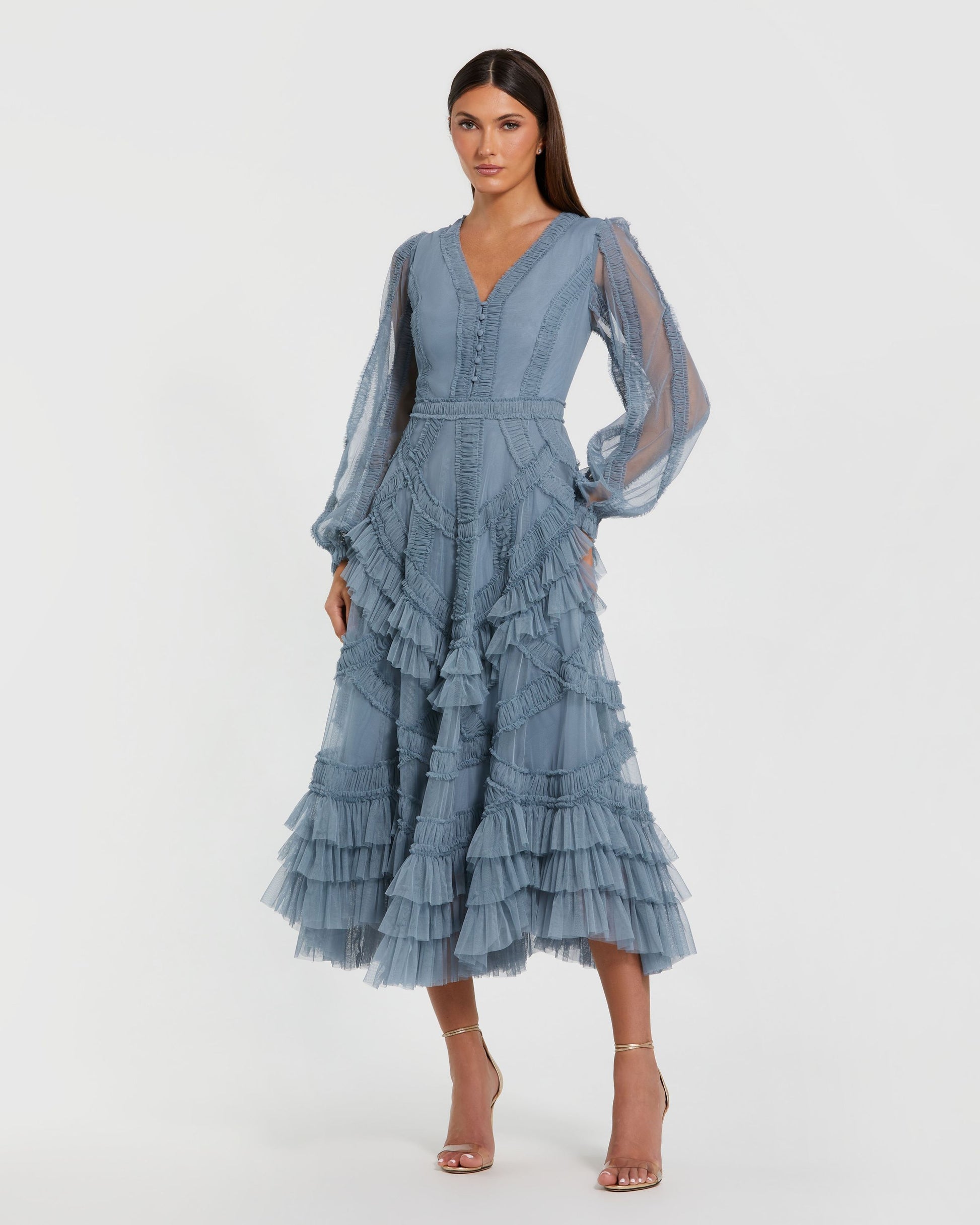 Petite Blue Long Sleeve V-Neck Micro Ruffle Midi Dress