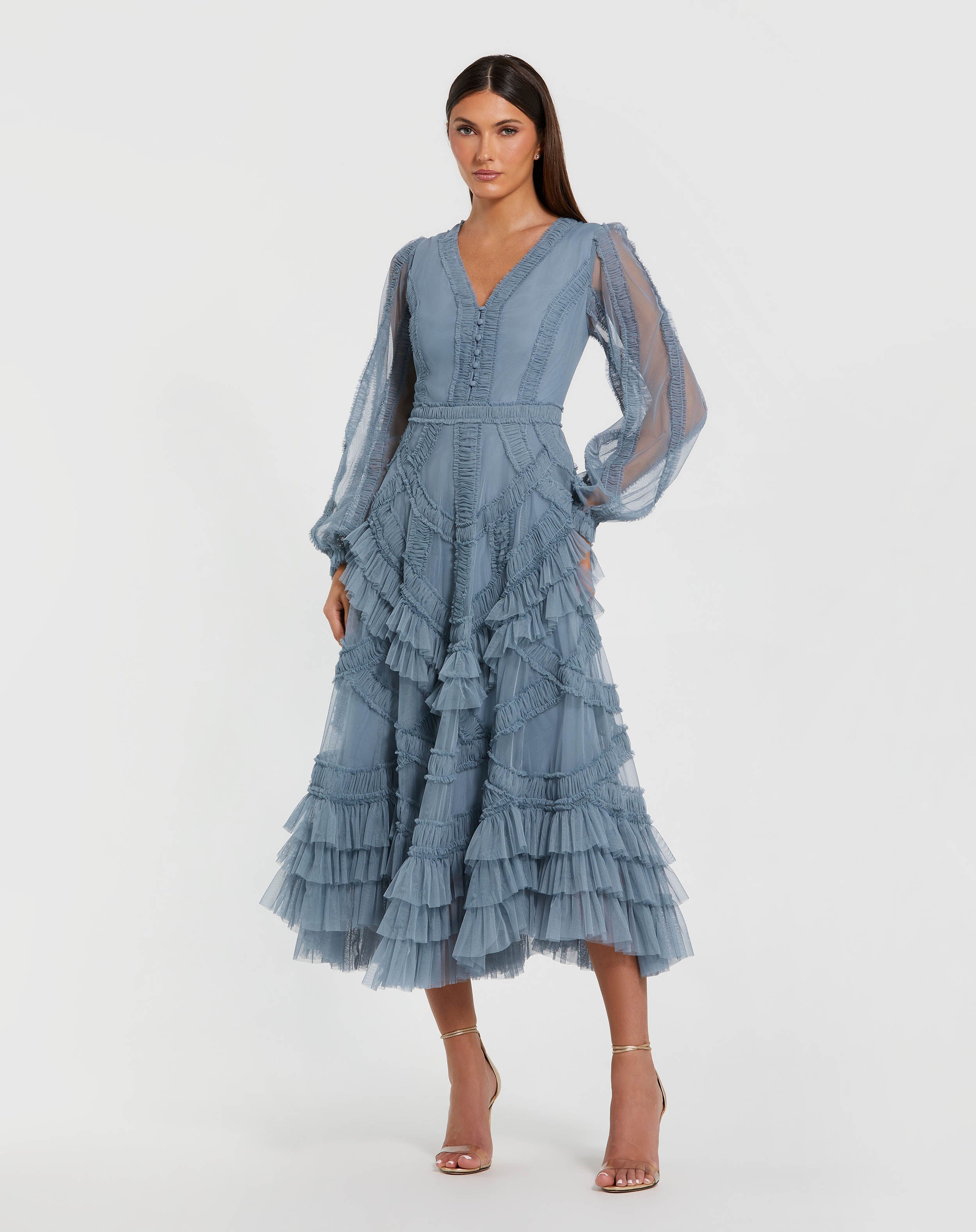 Petite Blue Long Sleeve V-Neck Micro Ruffle Midi Dress - Mac Duggal