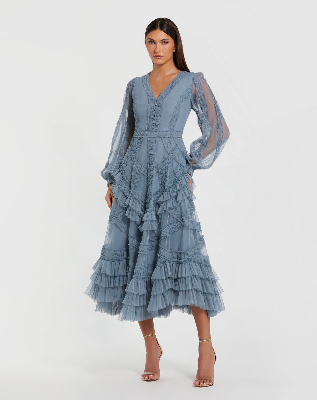 Petite Blue Long Sleeve V-Neck Micro Ruffle Midi Dress - Mac Duggal