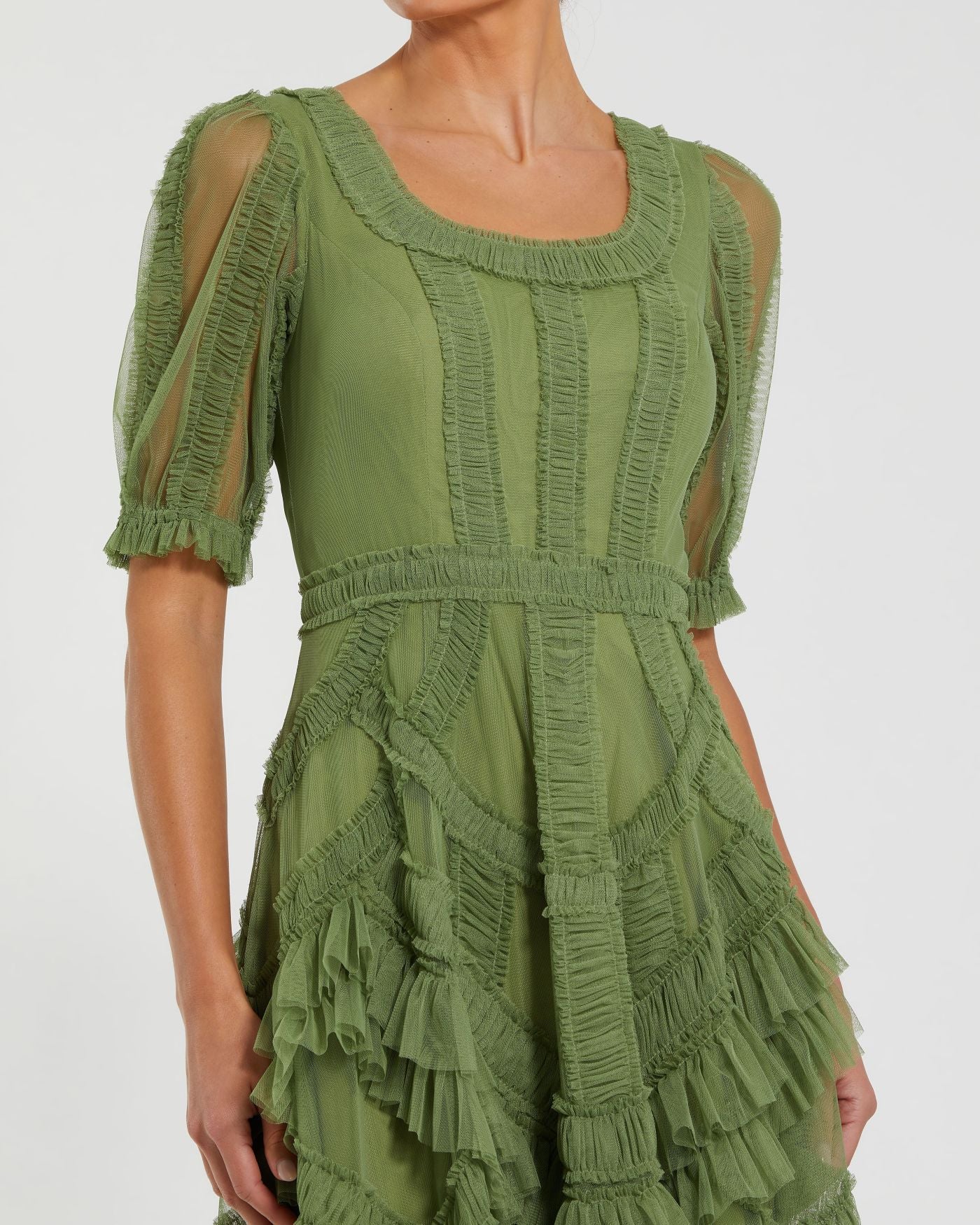 Petite Green Short Sleeve Micro Ruffle Midi Dress Mac Duggal