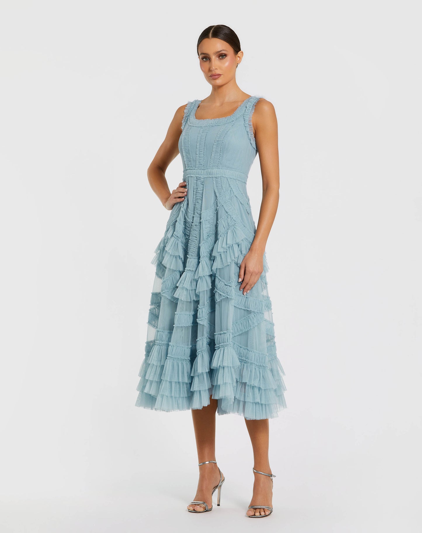 Petite Blue Scoop Neck Sleeveless Micro Ruffle Midi Dress Mac Duggal