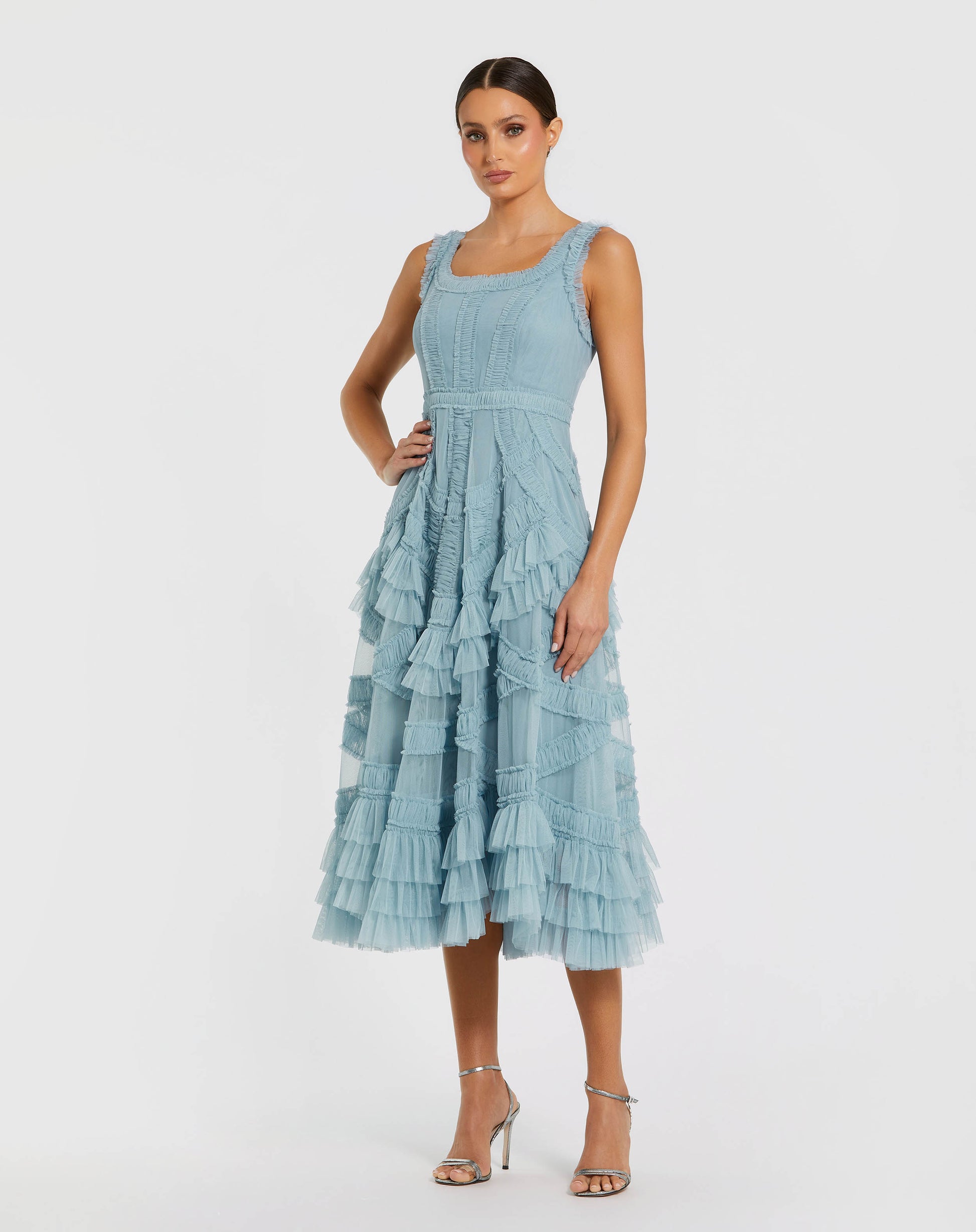 Petite Blue Scoop Neck Sleeveless Micro Ruffle Midi Dress Mac Duggal