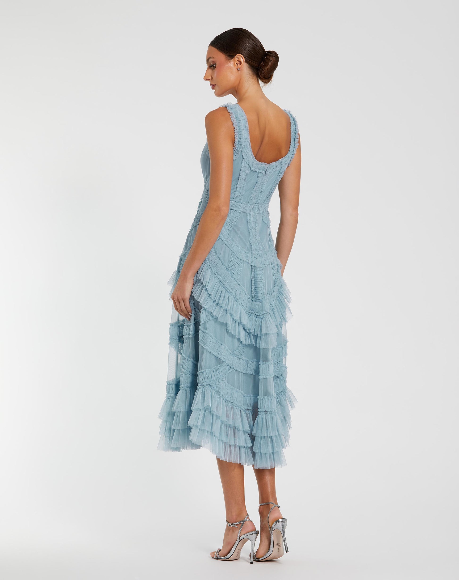 Petite Blue Scoop Neck Sleeveless Micro Ruffle Midi Dress Mac Duggal