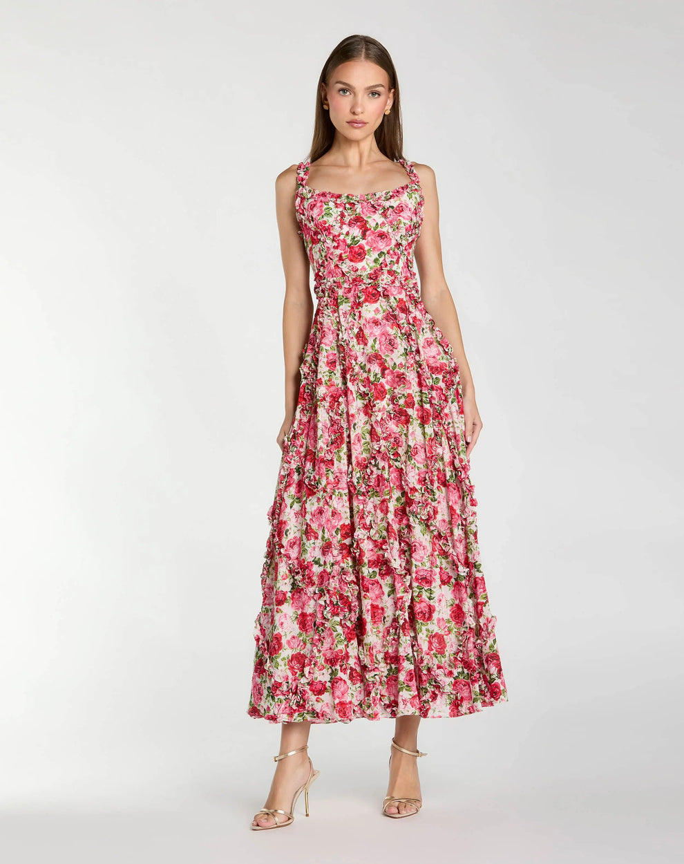 Petite Pink Ruffle Scoop Neck Floral A-Line Dress | Mac Duggal