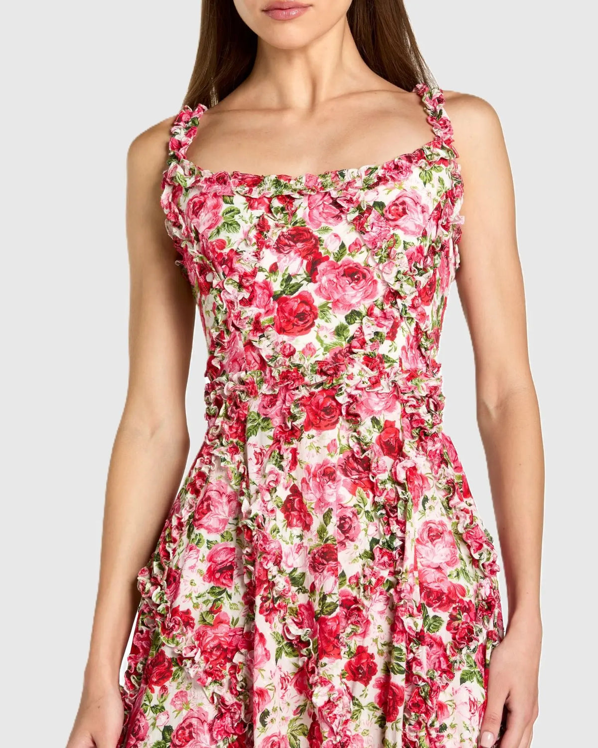 Petite Pink Ruffle Scoop Neck Floral A-Line Dress | Mac Duggal