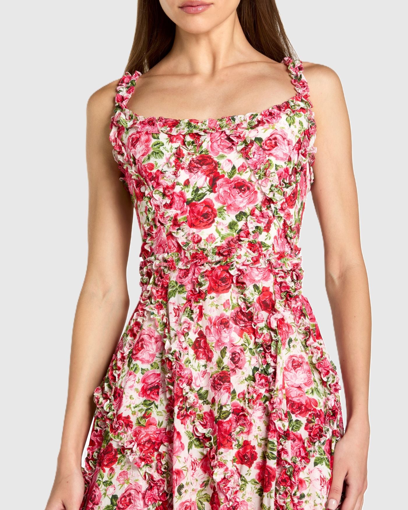 Petite Pink Ruffle Scoop Neck Floral A-Line Dress Mac Duggal