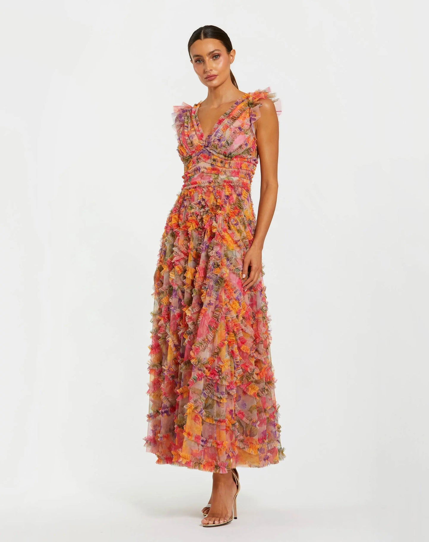 Petite Multicolor Floral V-Neck Ruffle Maxi Dress - Mac Duggal