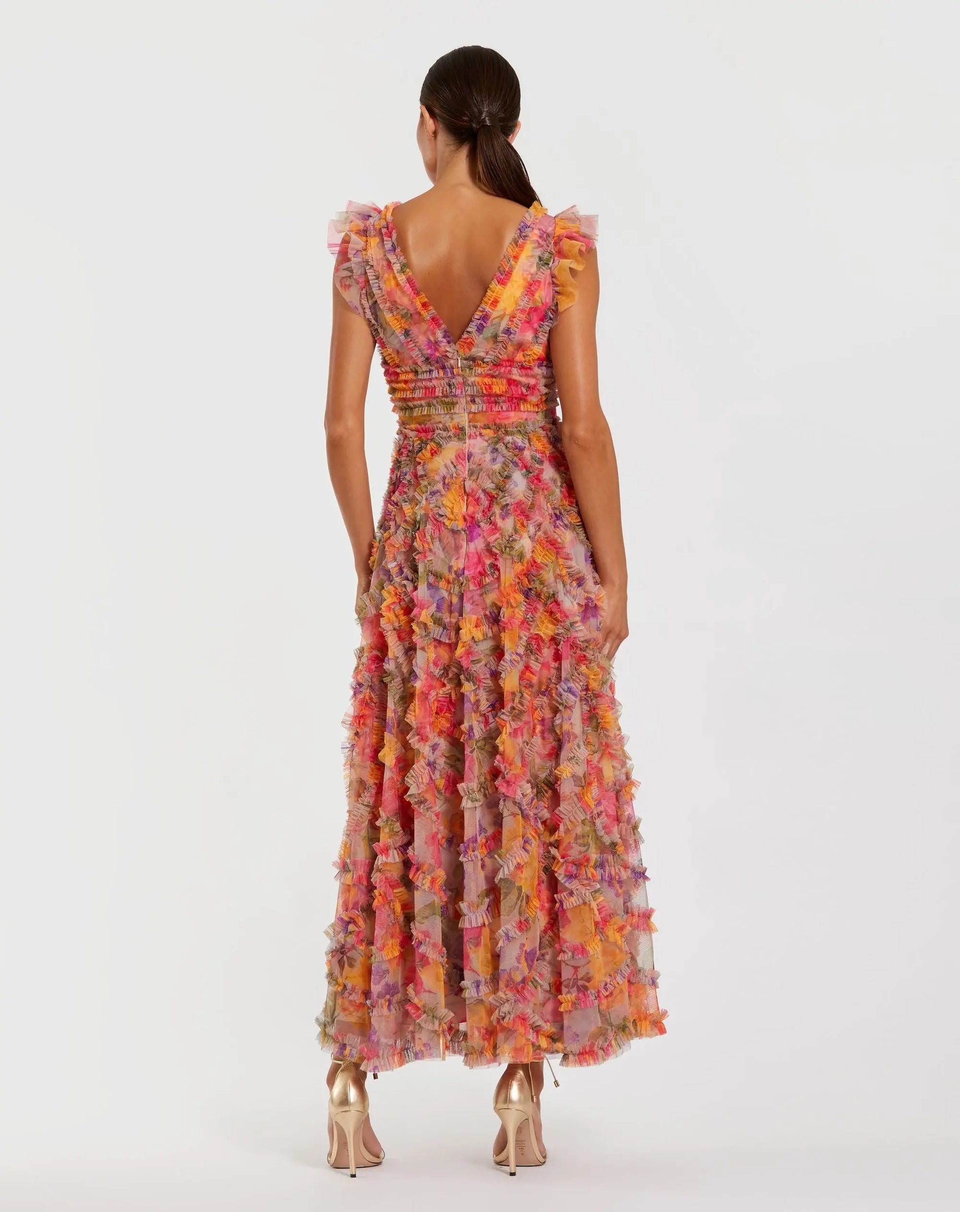 Petite Multicolor Floral V-Neck Ruffle Maxi Dress - Mac Duggal