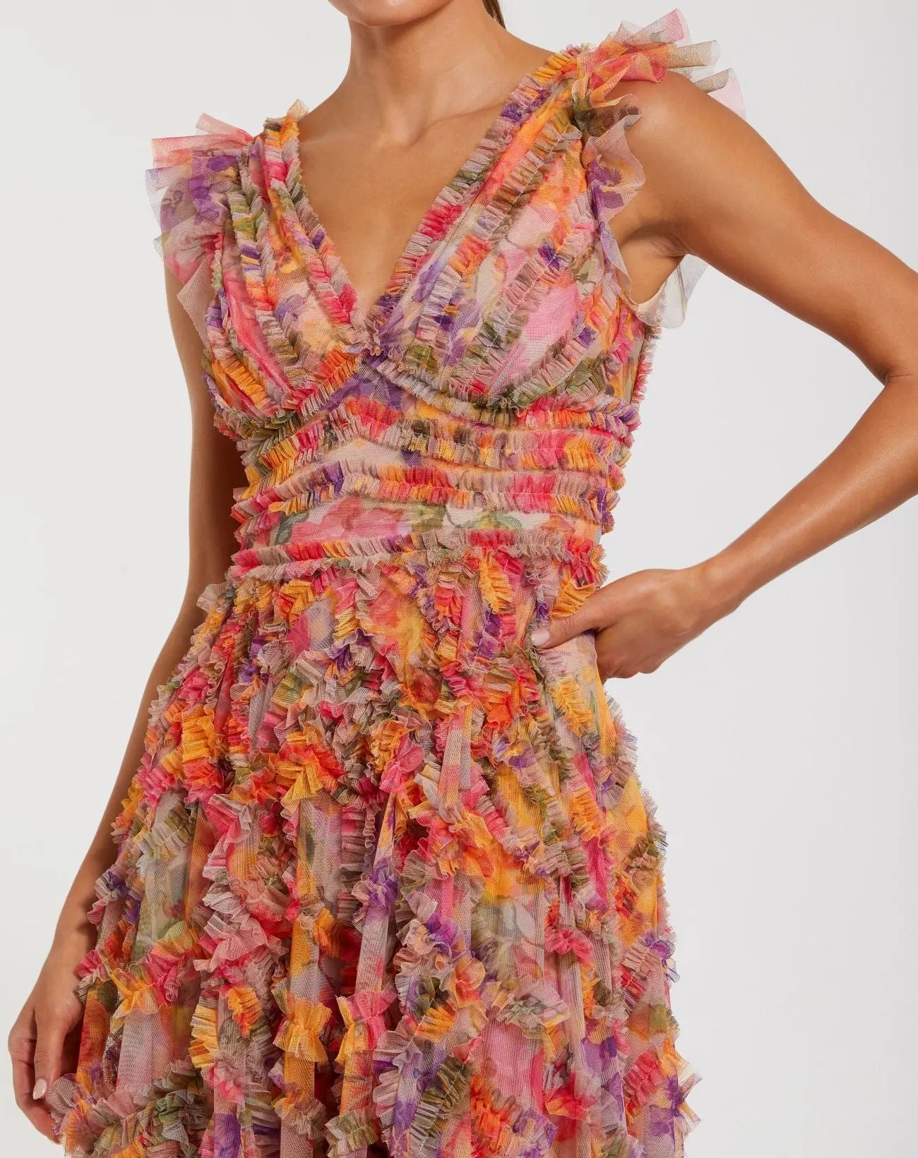 Petite Multicolor Floral V-Neck Ruffle Maxi Dress - Mac Duggal