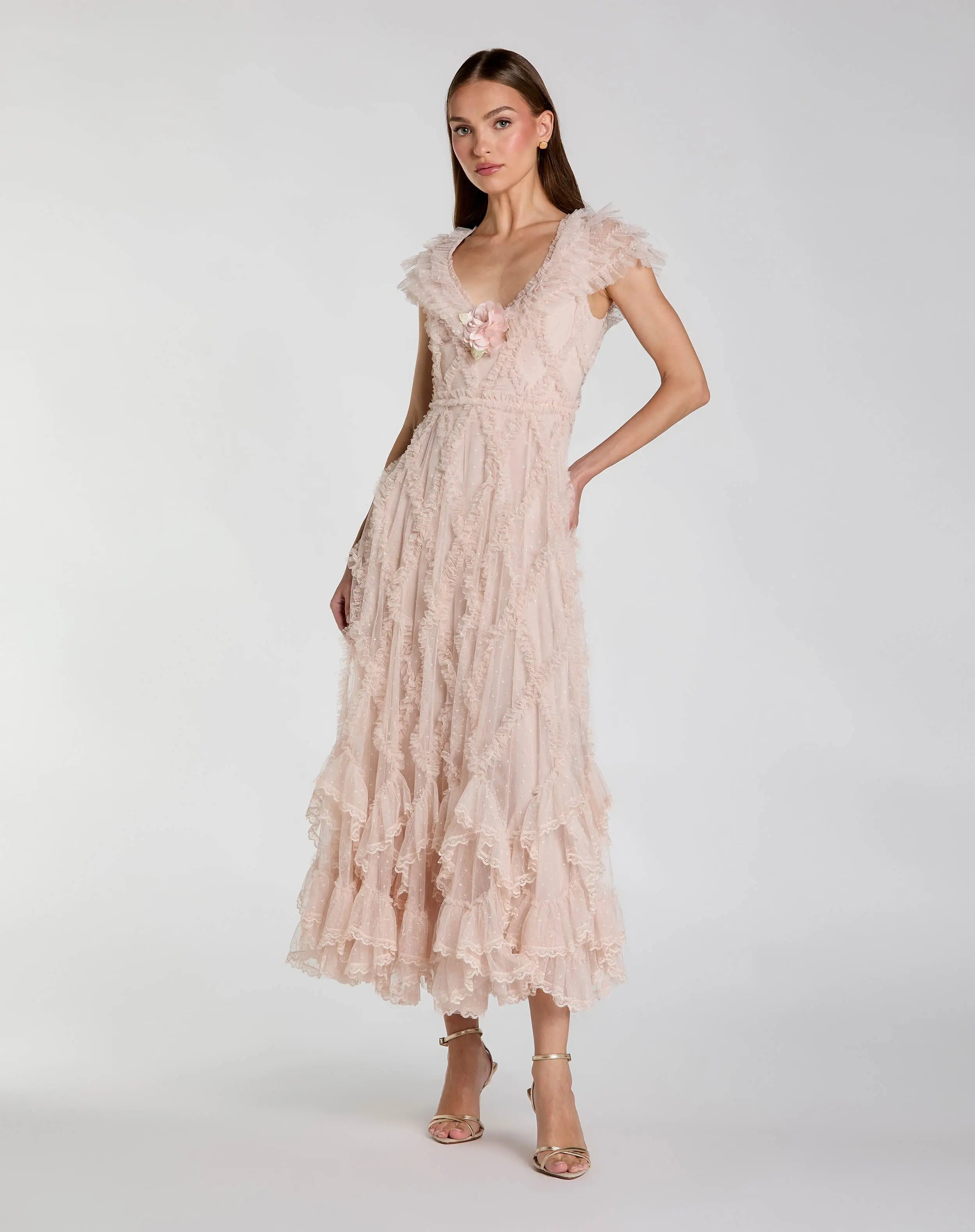 Mac Duggal Women's Micro Ruffle Cap Sleeve A-Line Midi Dress