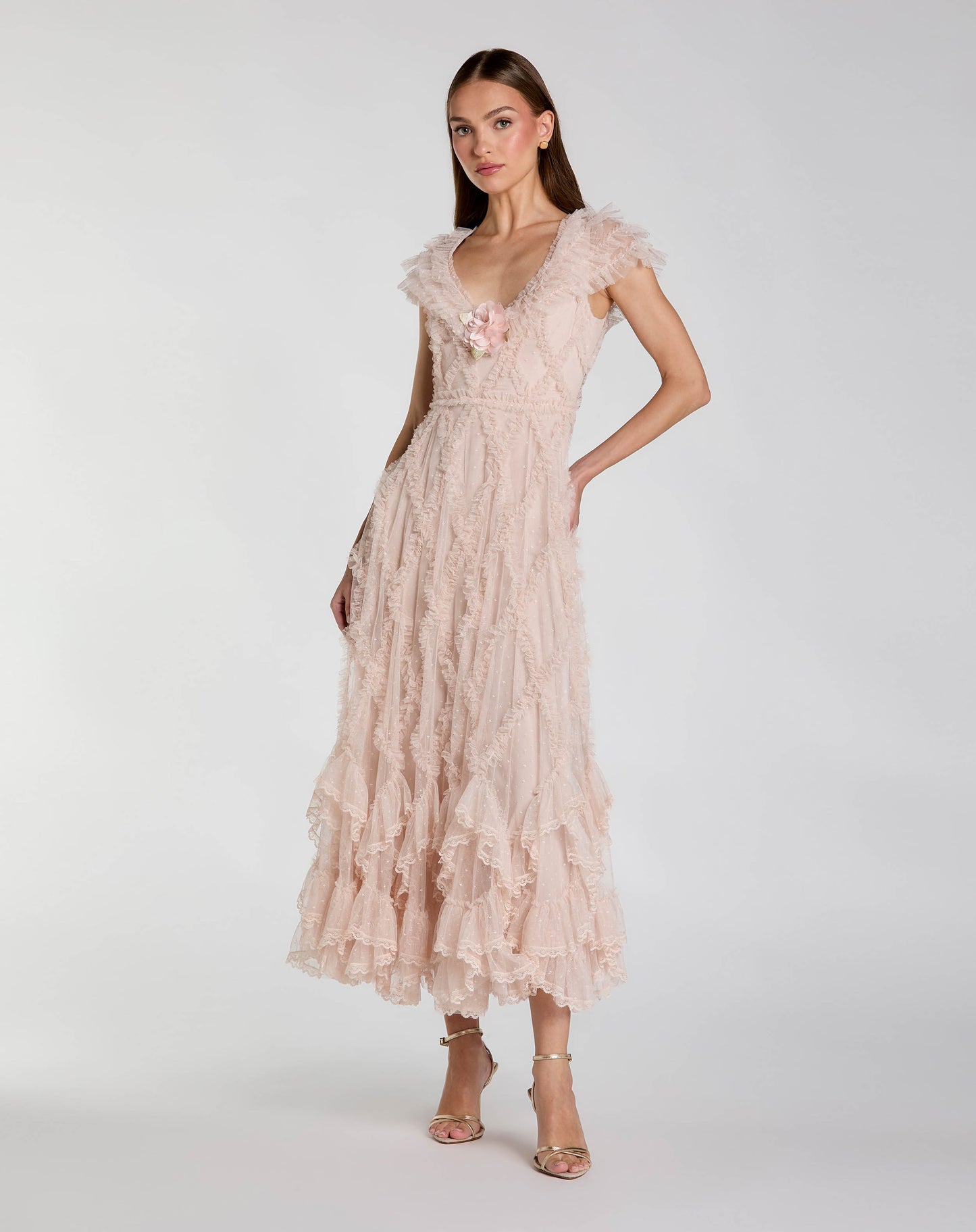 Petite Pink Micro Ruffle Cap Sleeve A-Line Midi Dress - Mac Duggal