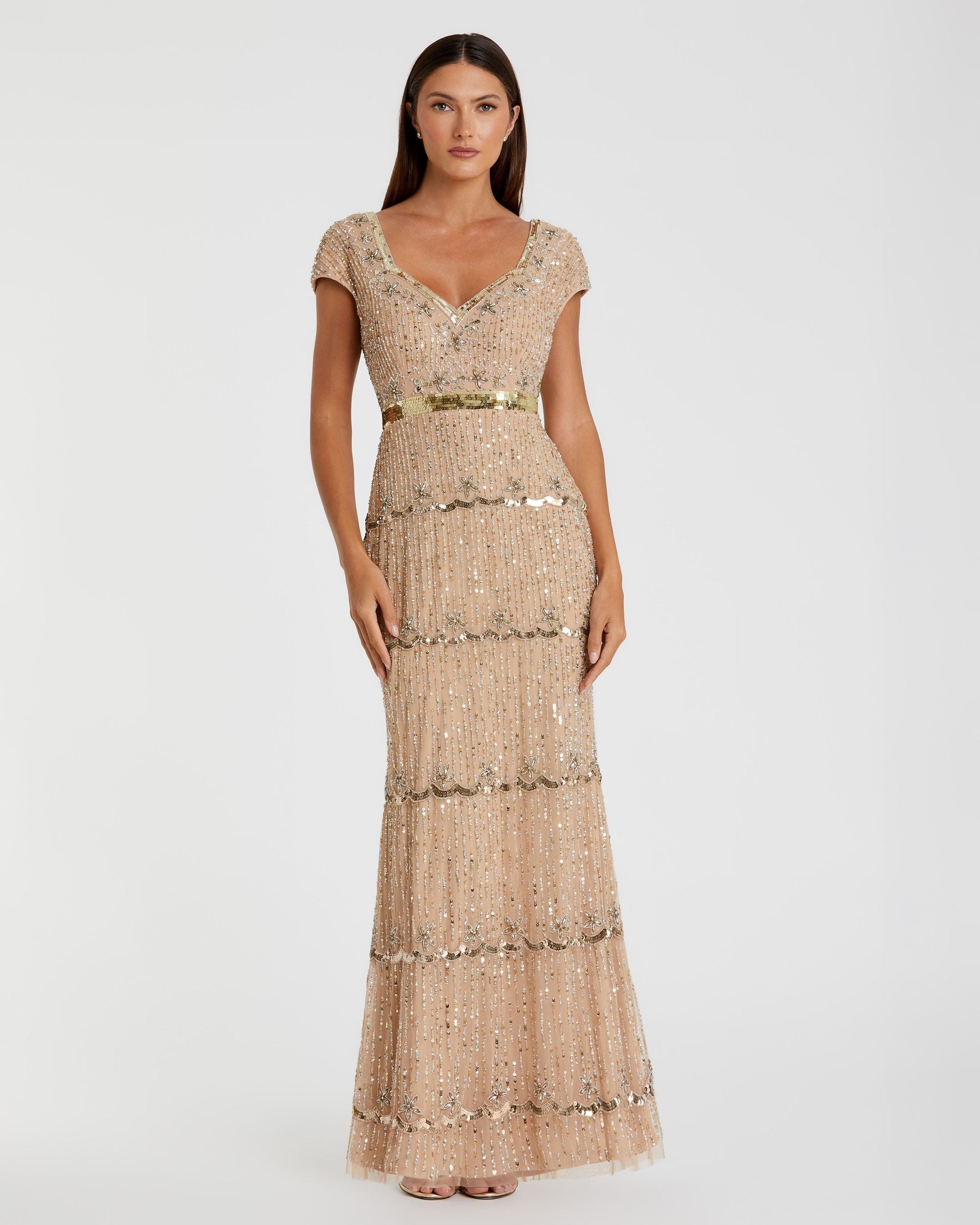 Petite Gold Sequin Cap Sleeve Sweetheart Column Gown Mac Duggal