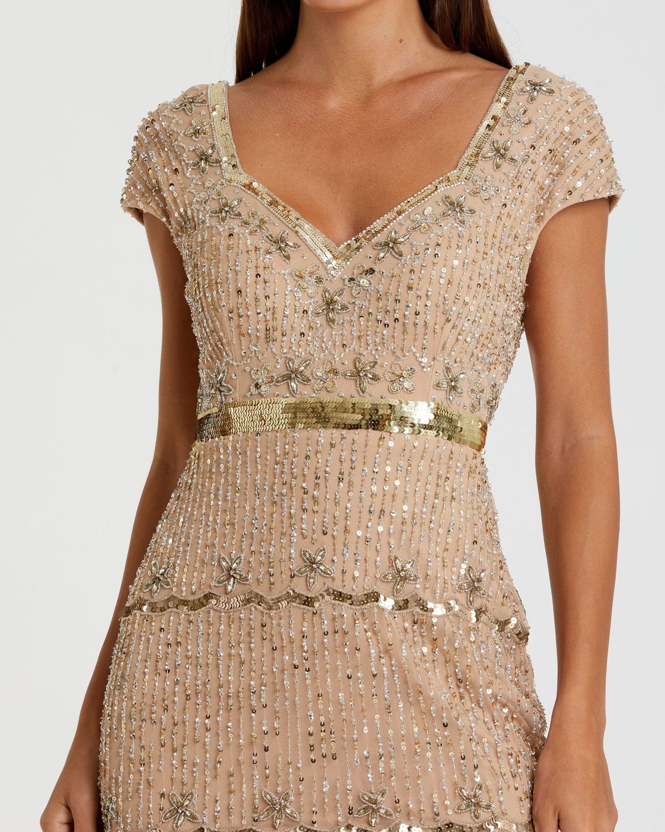 Mac Duggal Women's Petite Beaded Sweetheart Cap Sleeve Tiered Gown - Nude
