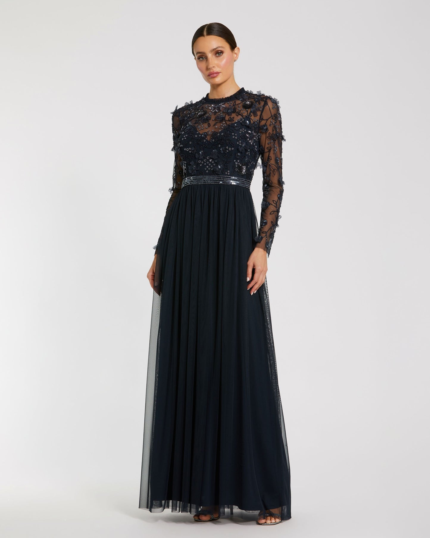 Petite Navy Embellished Illusion High Neck Long Sleeve Gown Mac Duggal 
