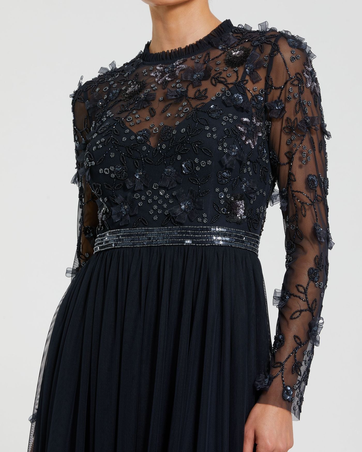 Petite Navy Embellished Illusion High Neck Long Sleeve Gown Mac Duggal 