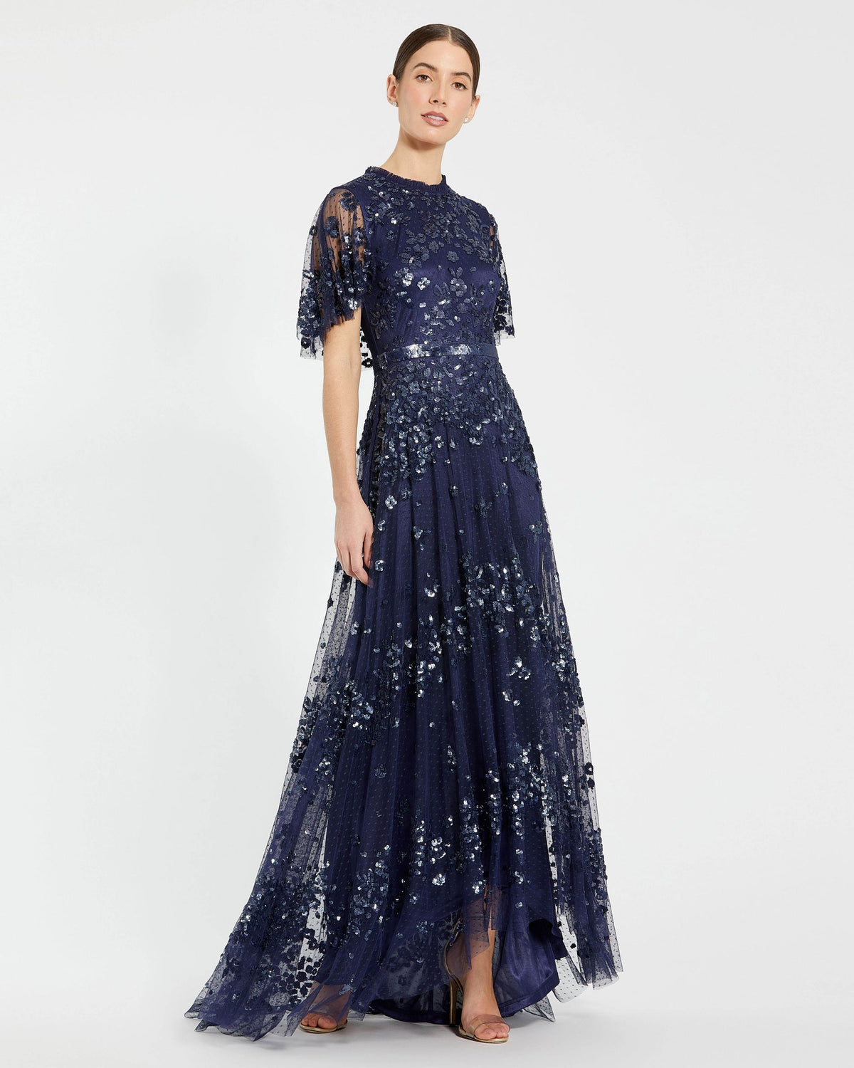 Petite Navy Sequined High Neck Flutter Sleeve A Line Gown Mac Duggal