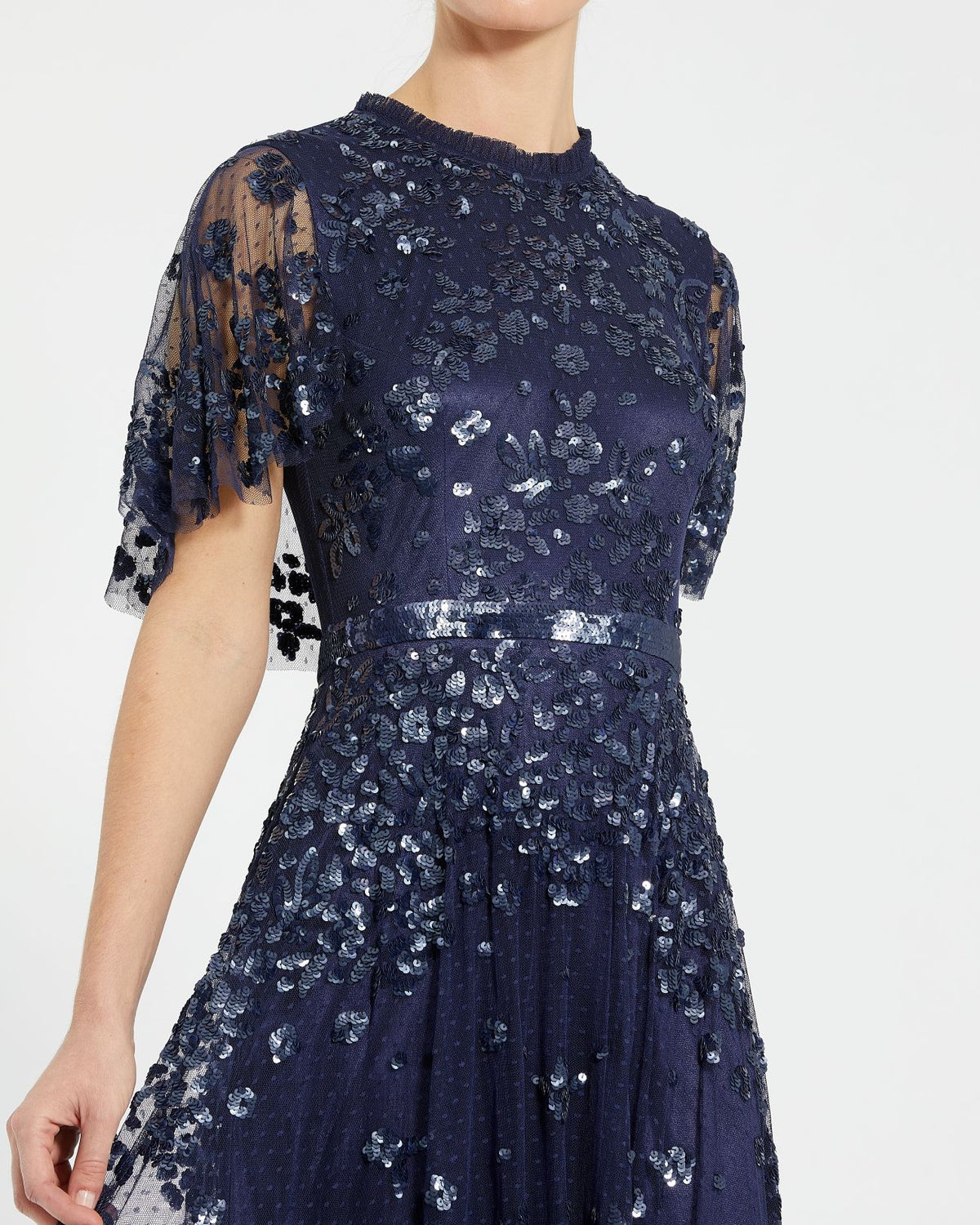 Petite Navy Sequined High Neck Flutter Sleeve A Line Gown Mac Duggal