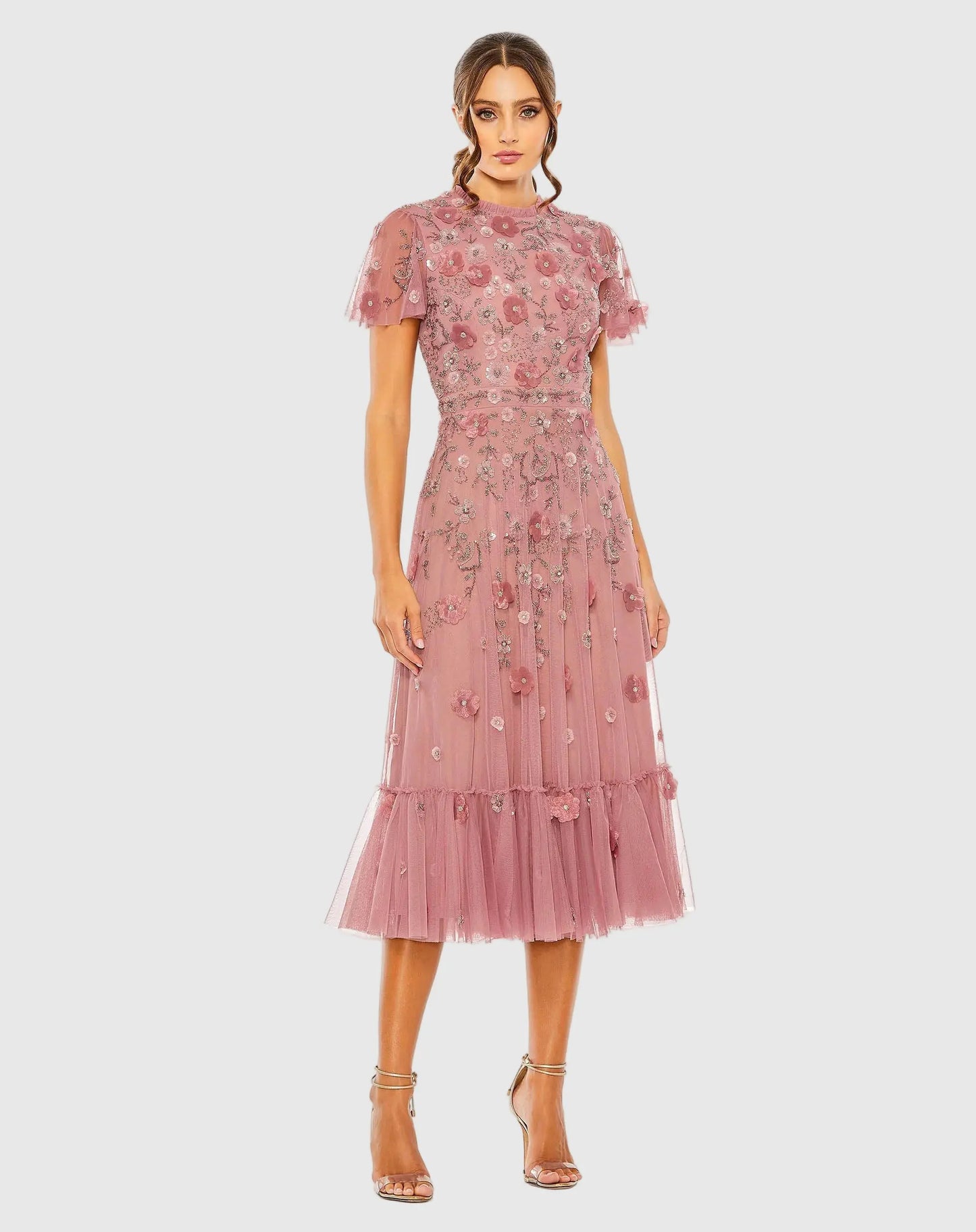 Petite Pink Embellished High Neck Flutter Sleeve A Line Dress - Mac Duggal