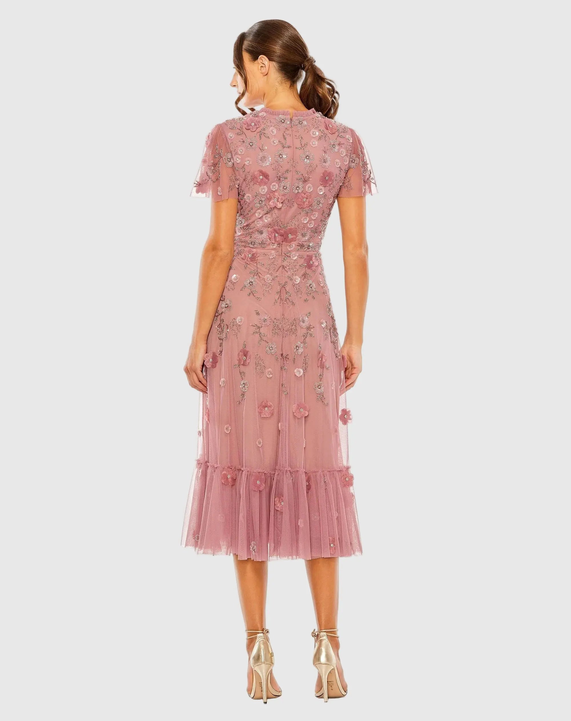 Petite Pink Embellished High Neck Flutter Sleeve A Line Dress - Mac Duggal