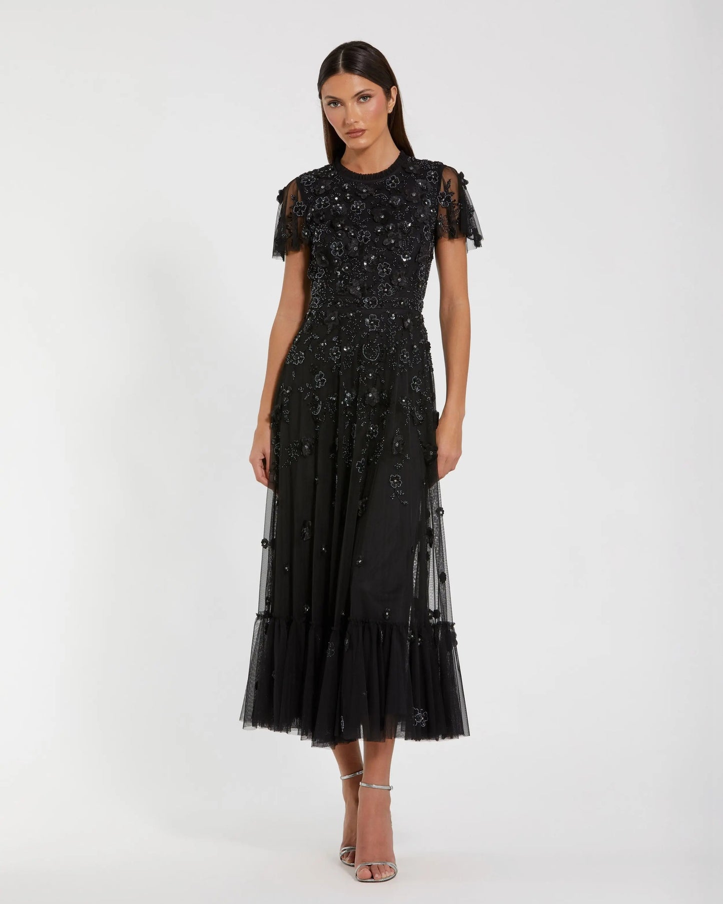Petite Black Embellished High Neck Flutter Sleeve A Line Dress Mac Duggal
