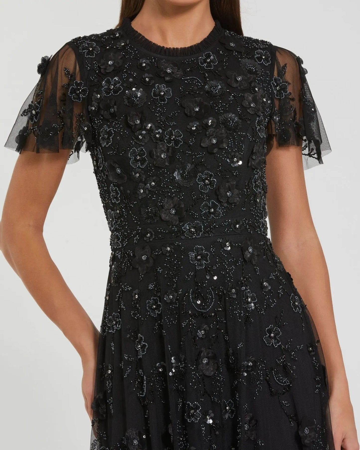 Petite Black Embellished High Neck Flutter Sleeve A Line Dress Mac Duggal