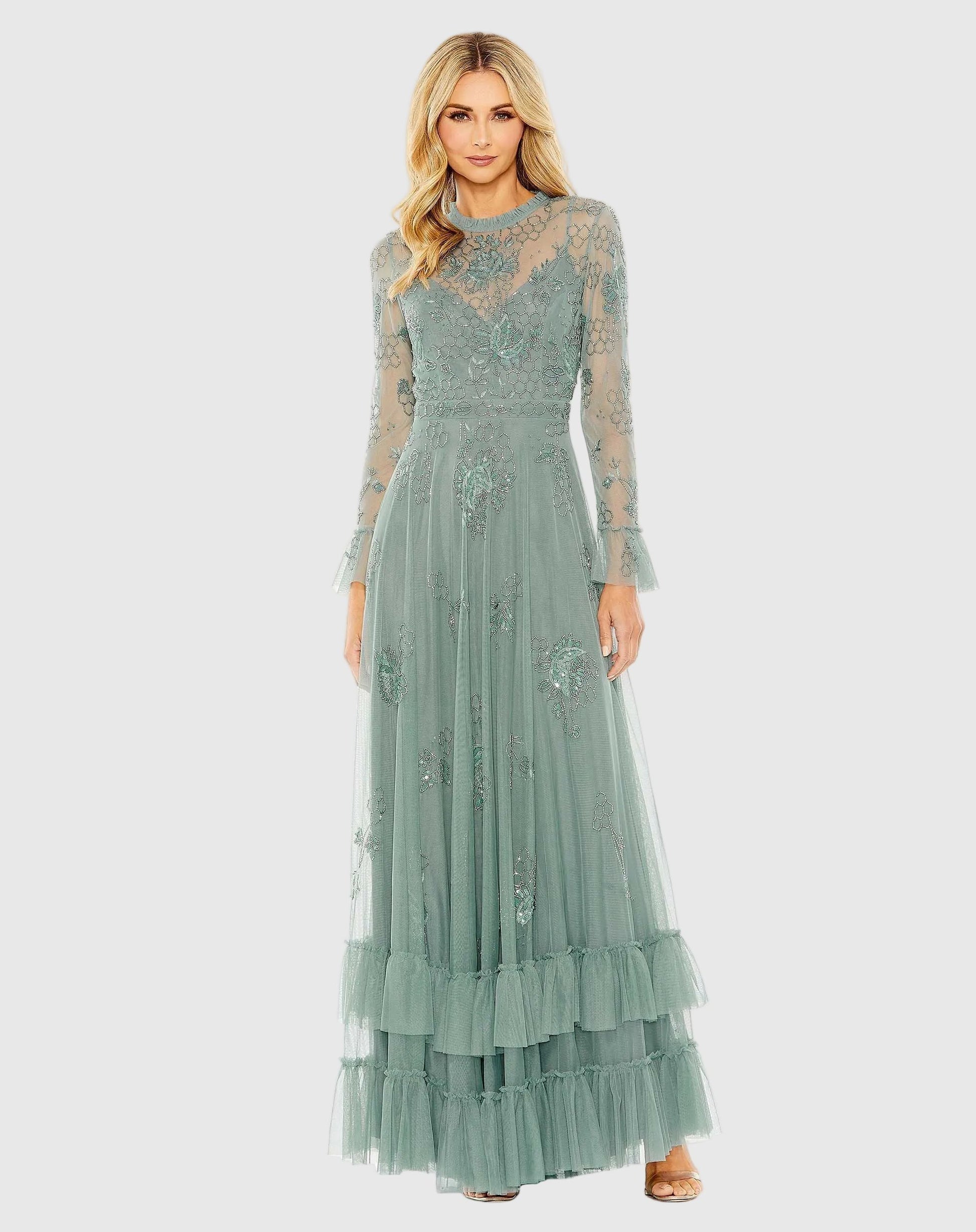 Petite Green Embellished Long Sleeve Ruffle Gown - Mac Duggal