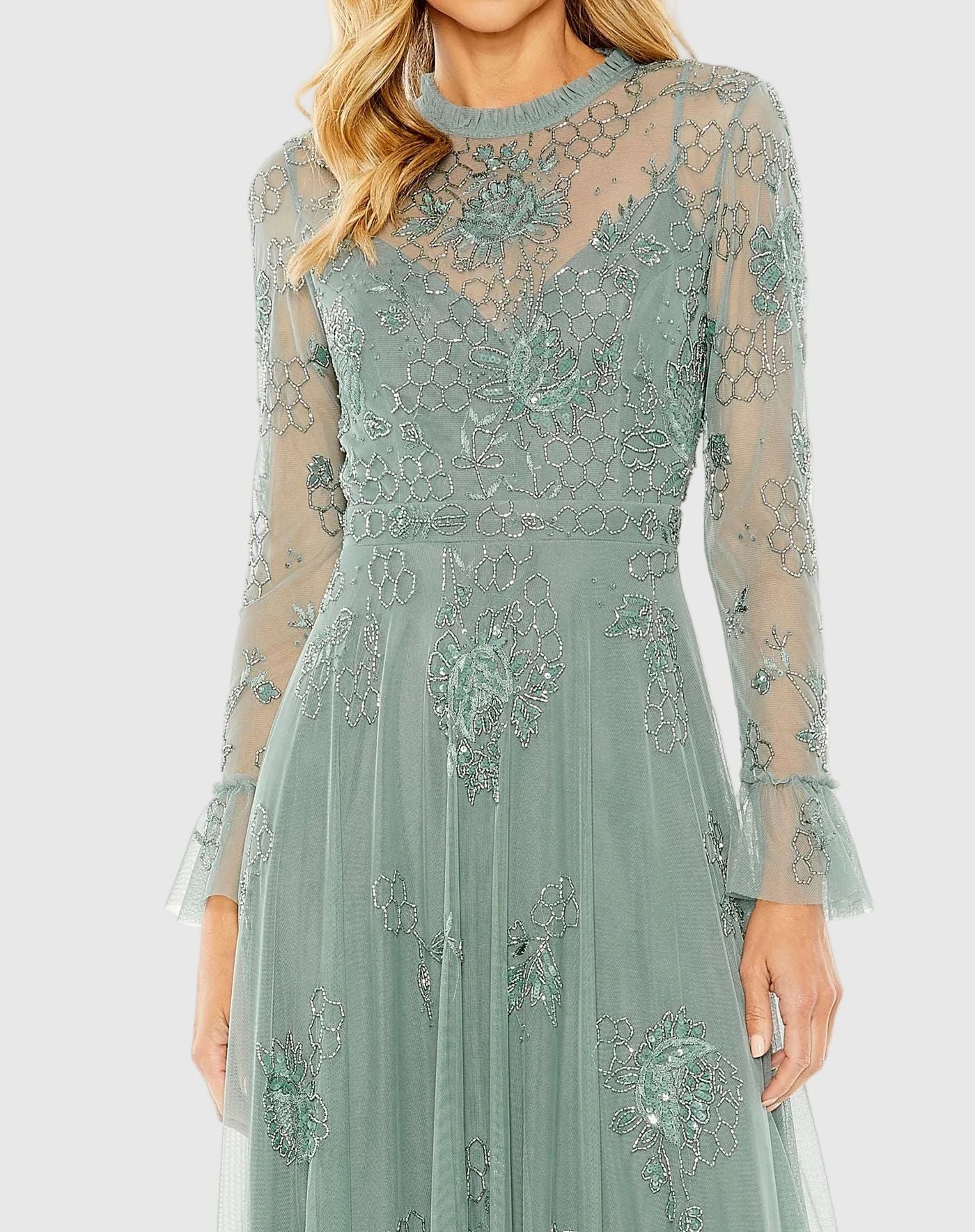 Petite Green Embellished Long Sleeve Ruffle Gown - Mac Duggal