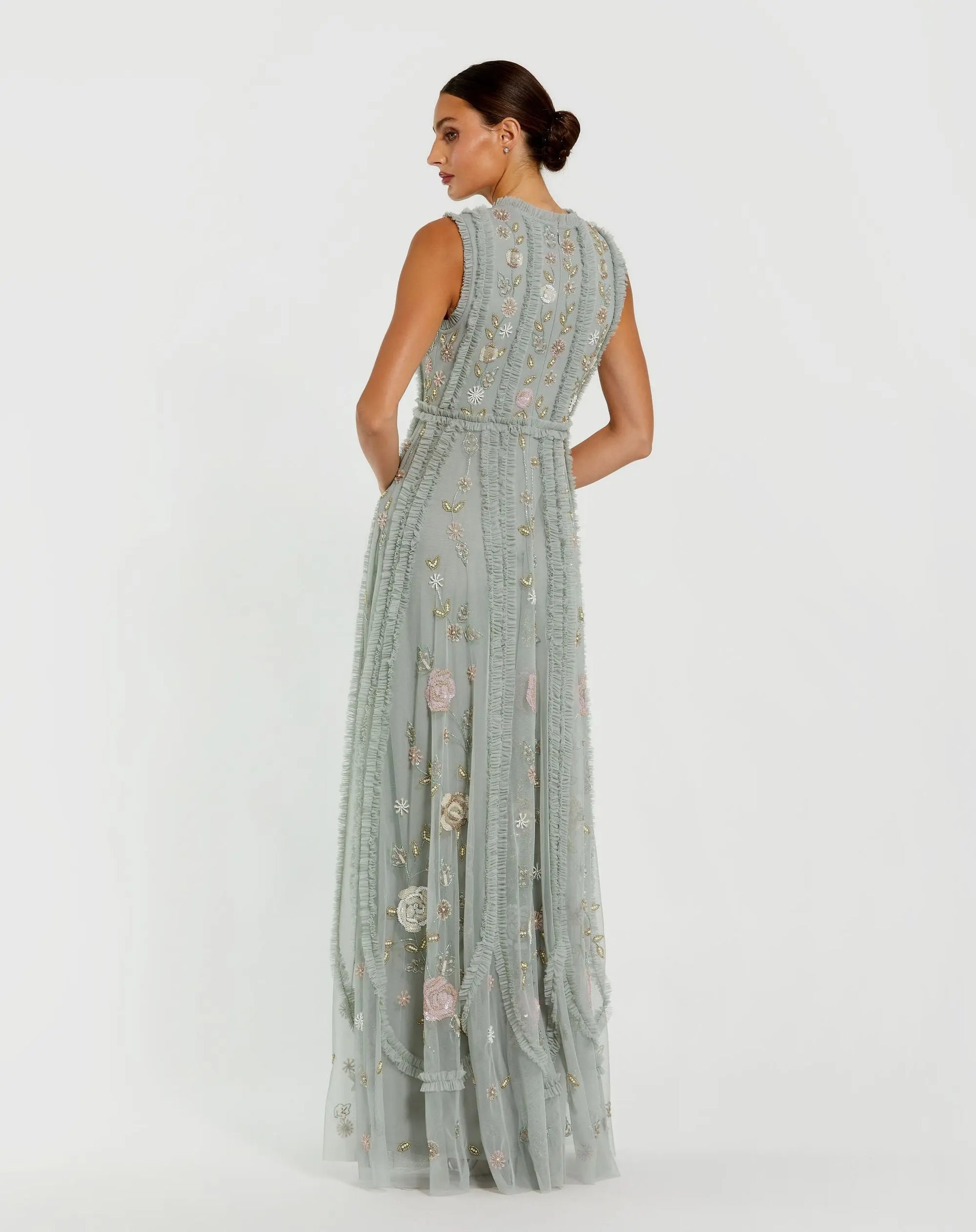 Petite Green Floral Mesh Sleeveless A Line Micro Ruffle Gown - Mac Duggal