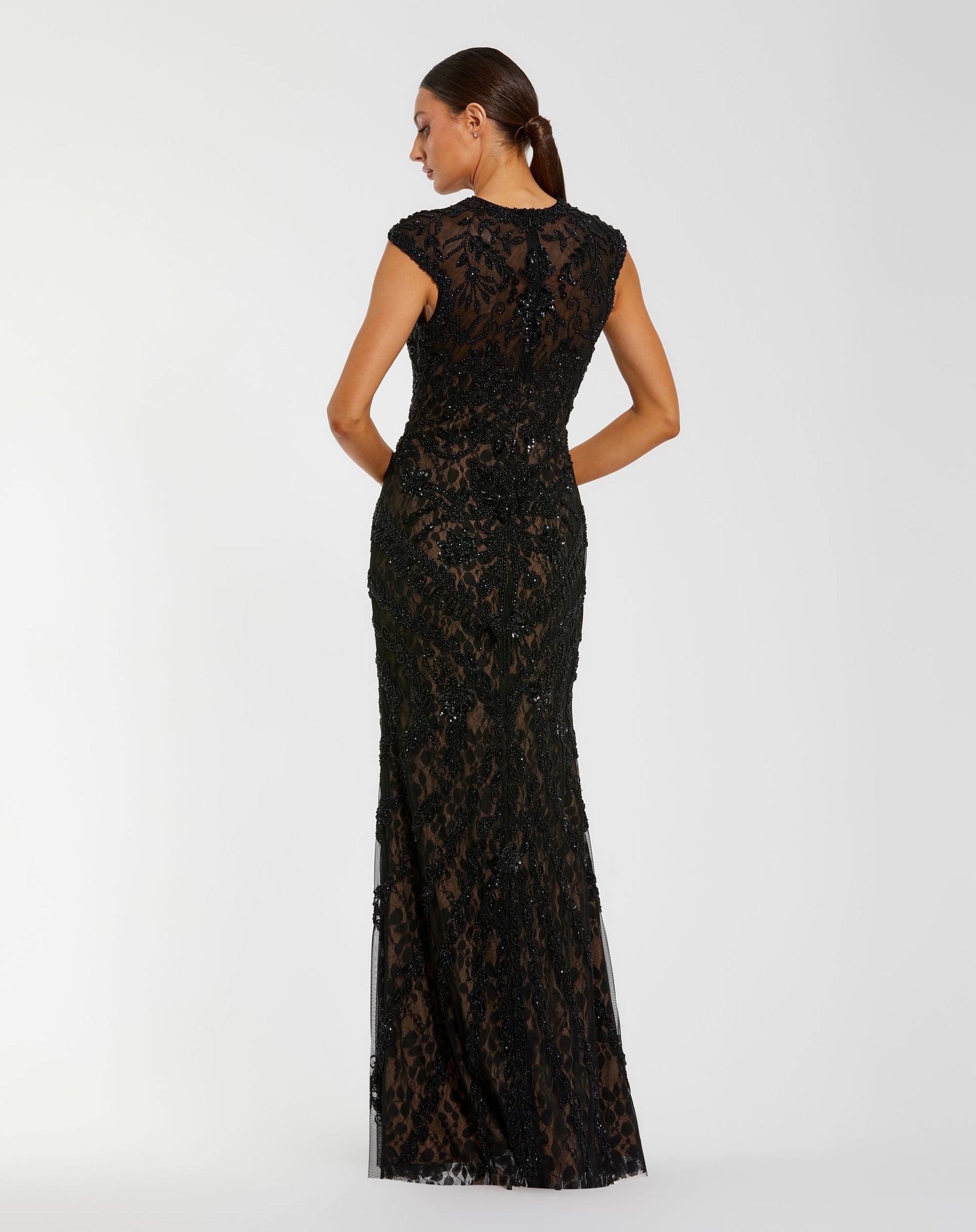 Petite Black Embellished Lace Cap Sleeve Evening Gown - Mac Duggal