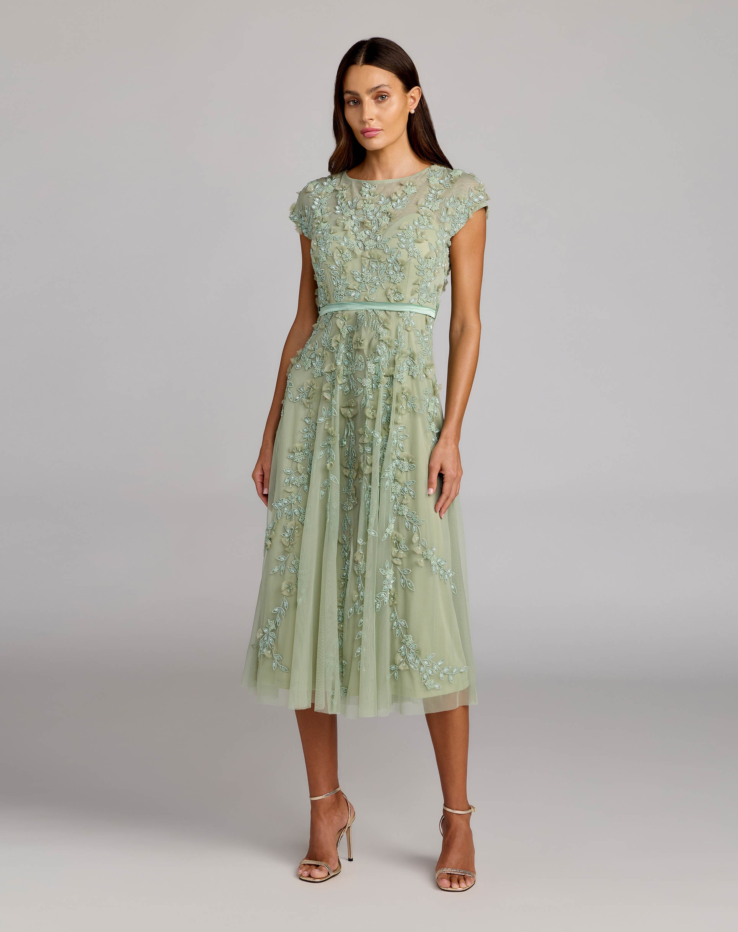 Petite Green Floral Embellished Cap Sleeve Midi Dress - Mac Duggal