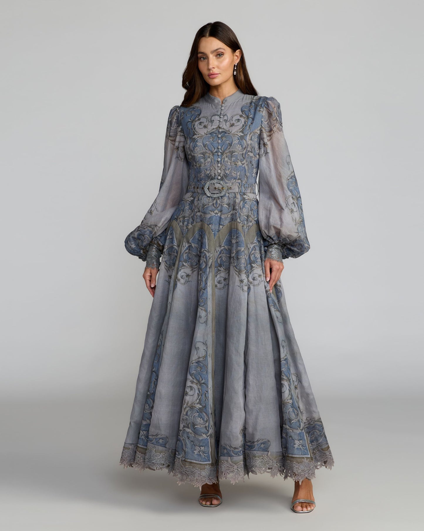 Blue Printed Bishop Sleeve A-Line Dress Mac Duggal