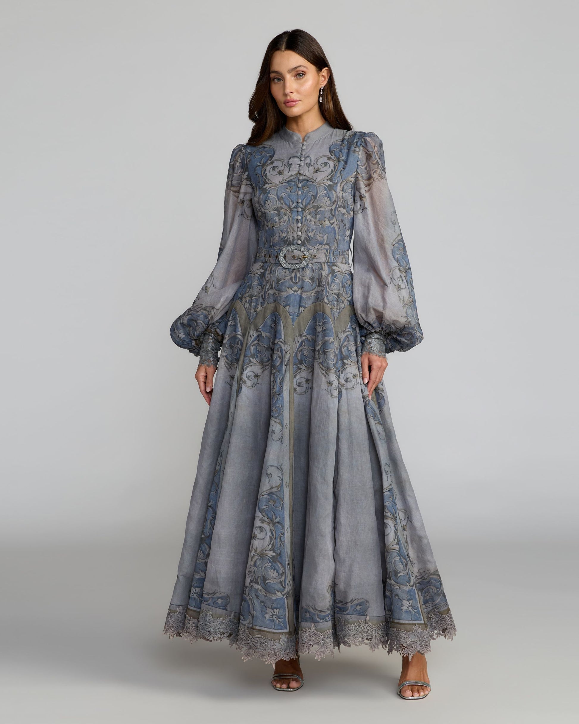 Blue Printed Bishop Sleeve A-Line Dress Mac Duggal