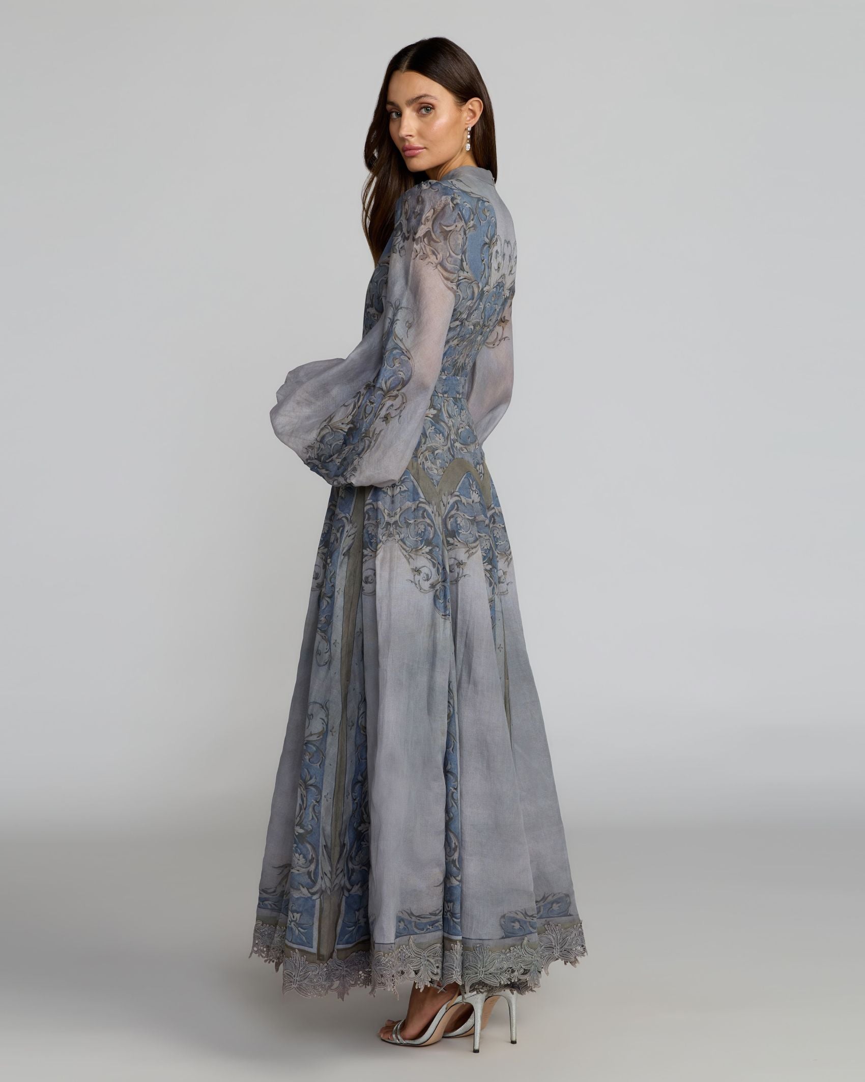Blue Printed Bishop Sleeve A-Line Dress Mac Duggal