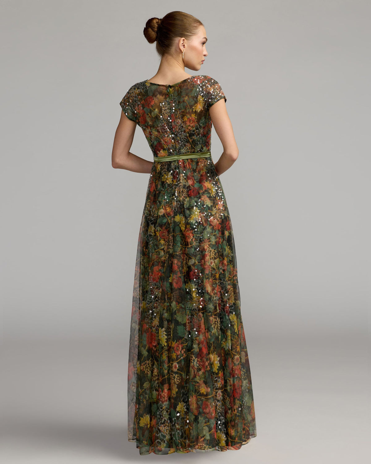 Charcoal Multi Floral Cap Sleeve A-Line Gown - Mac Duggal