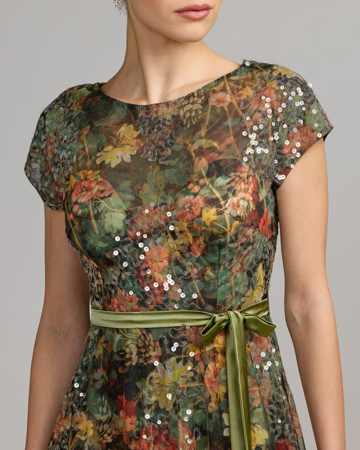Charcoal Multi Floral Cap Sleeve A-Line Gown - Mac Duggal
