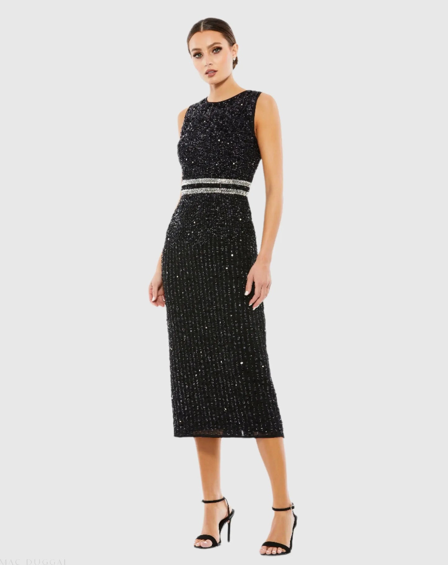 mac duggal sleeveless high neck beaded midi sheath dress Black Sleeveless High Neck Beaded Midi Sheath Dress